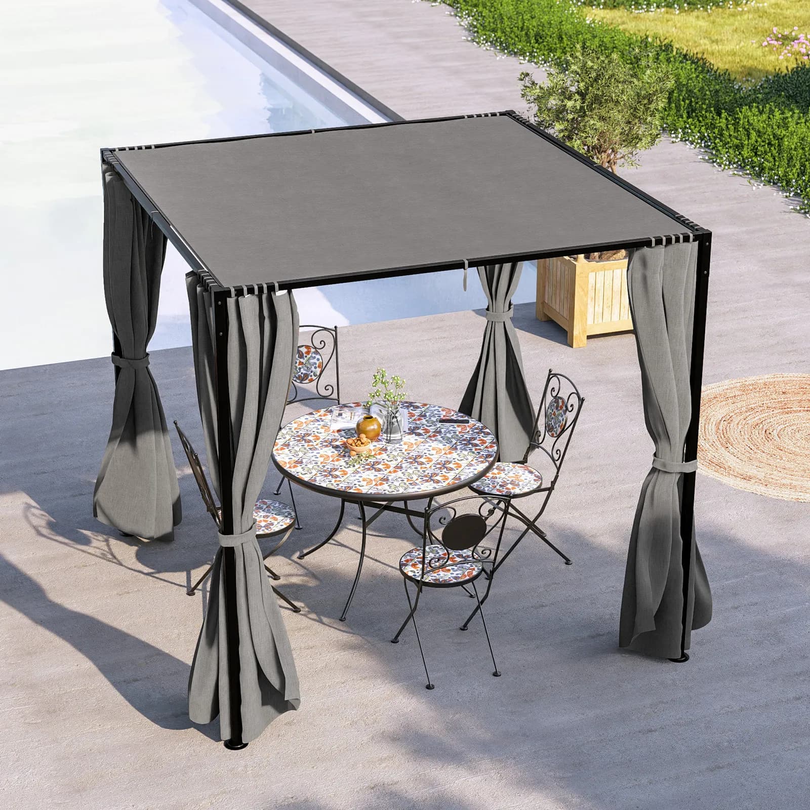Gazebo 2x2 m in acciaio nero con telo grigio e tende laterali - Alicudi
