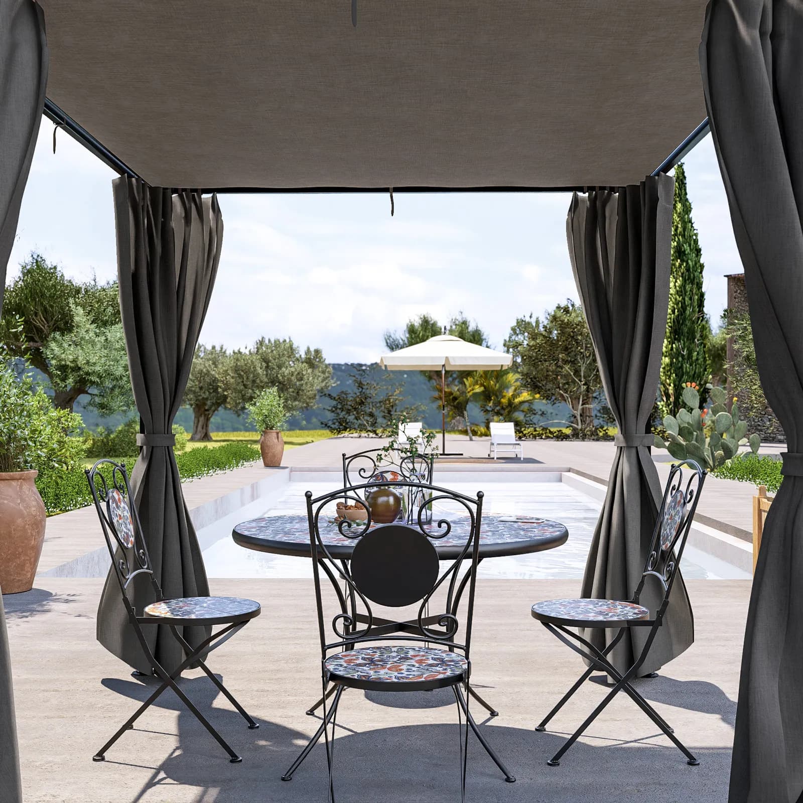 Gazebo 2x2 m in acciaio nero con telo grigio e tende laterali - Alicudi