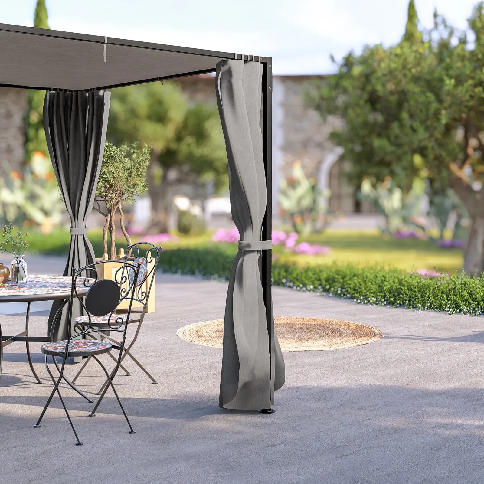 Gazebo 2x2 m in acciaio nero con telo grigio e tende laterali - Alicudi