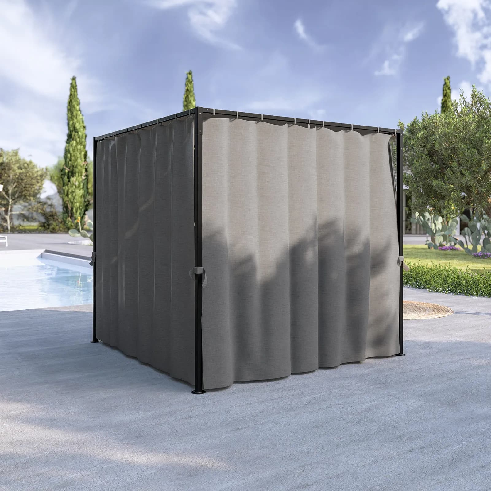 Gazebo 2x2 m in acciaio nero con telo grigio e tende laterali - Alicudi