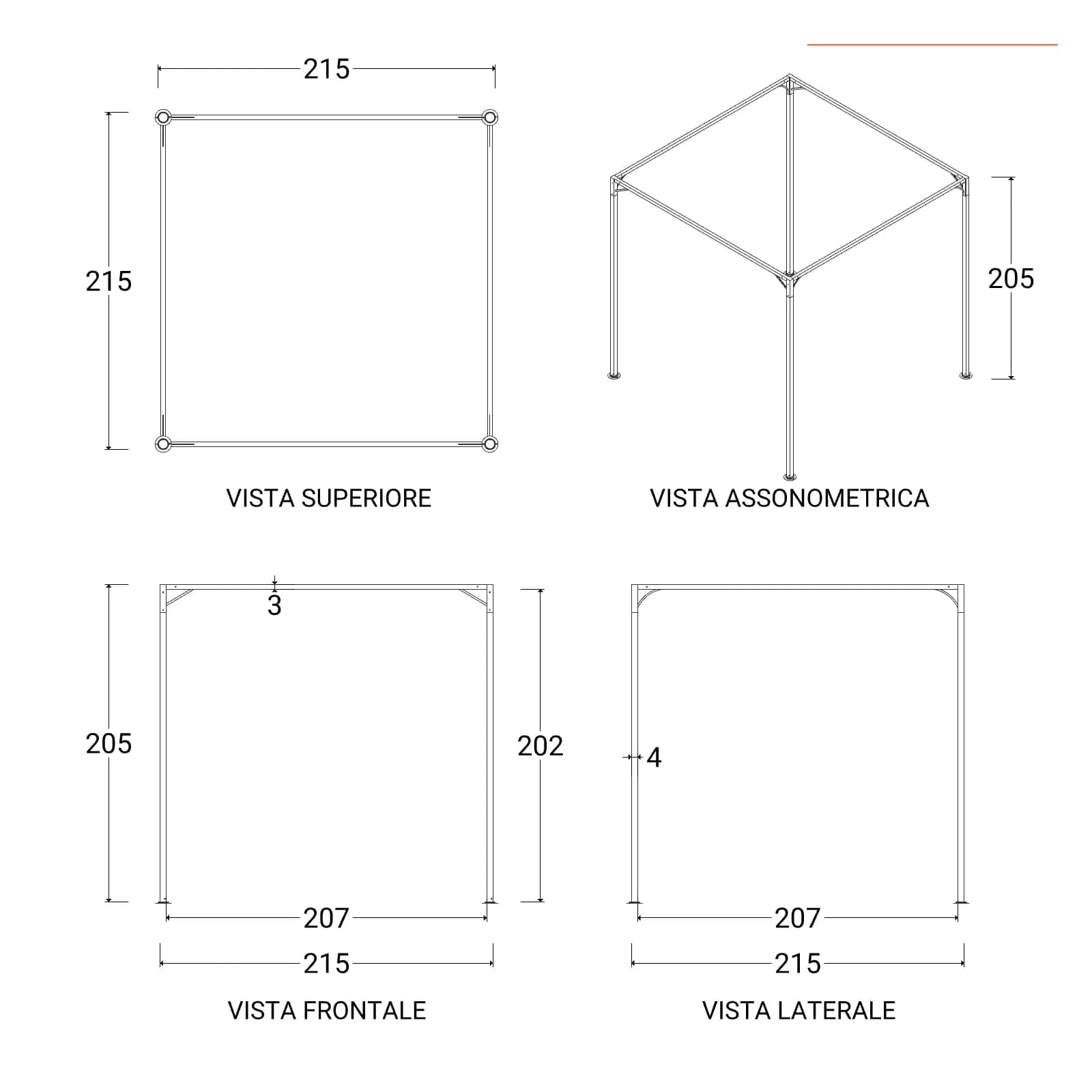 Gazebo 2x2 m in acciaio nero con telo grigio e tende laterali - Alicudi