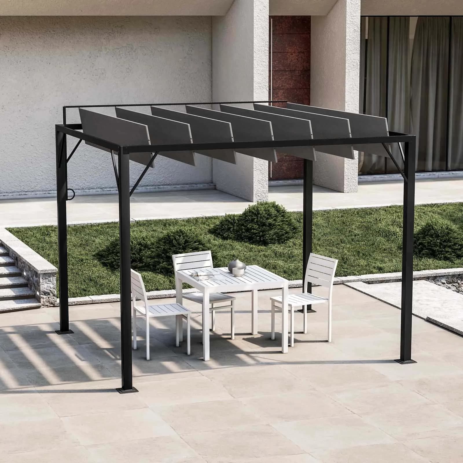 Gazebo 2,95x2,5 m in acciaio nero con tetto a lamelle mobili - Filicudi