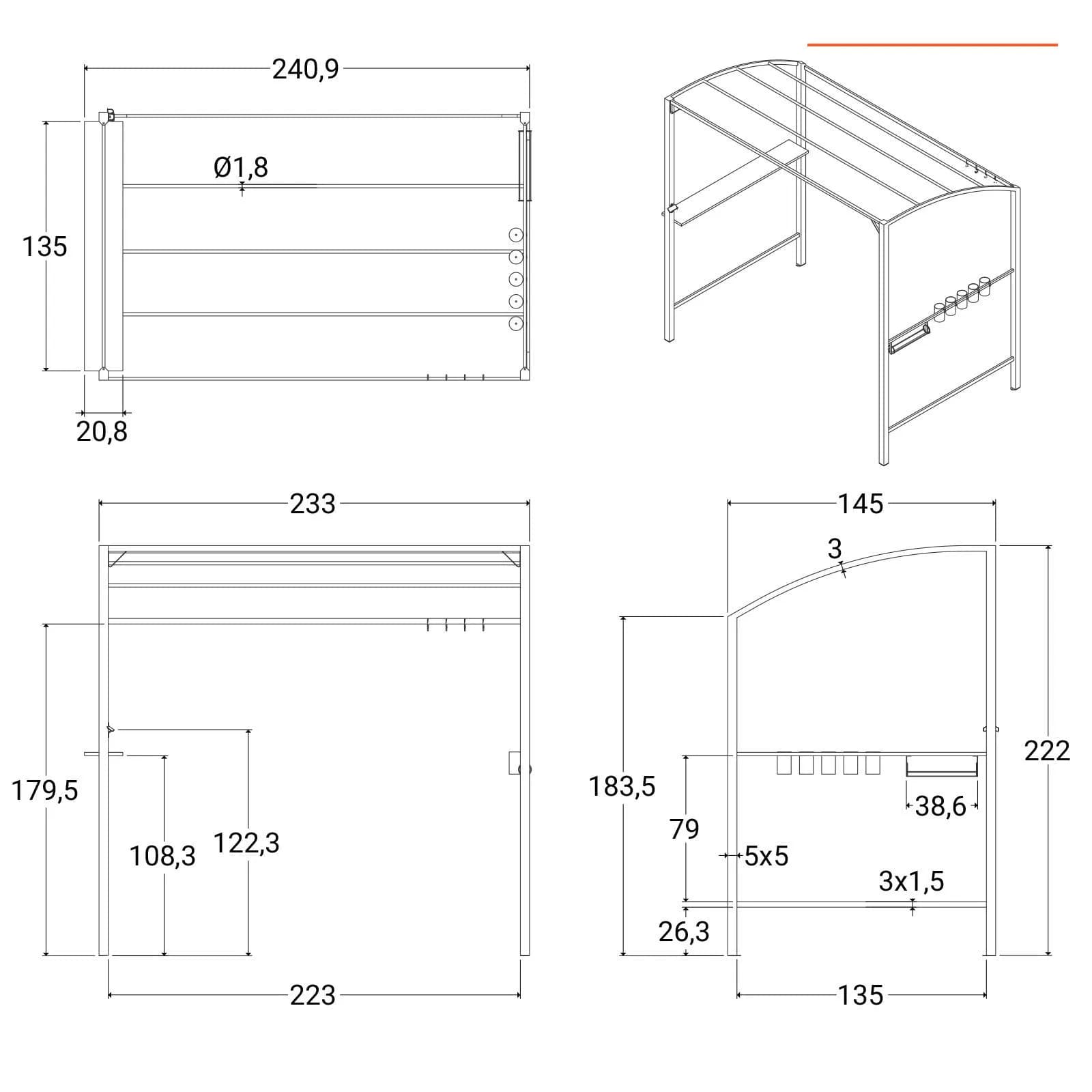 Gazebo pergola per barbecue in acciaio nero con copertura ignifuga - Joy