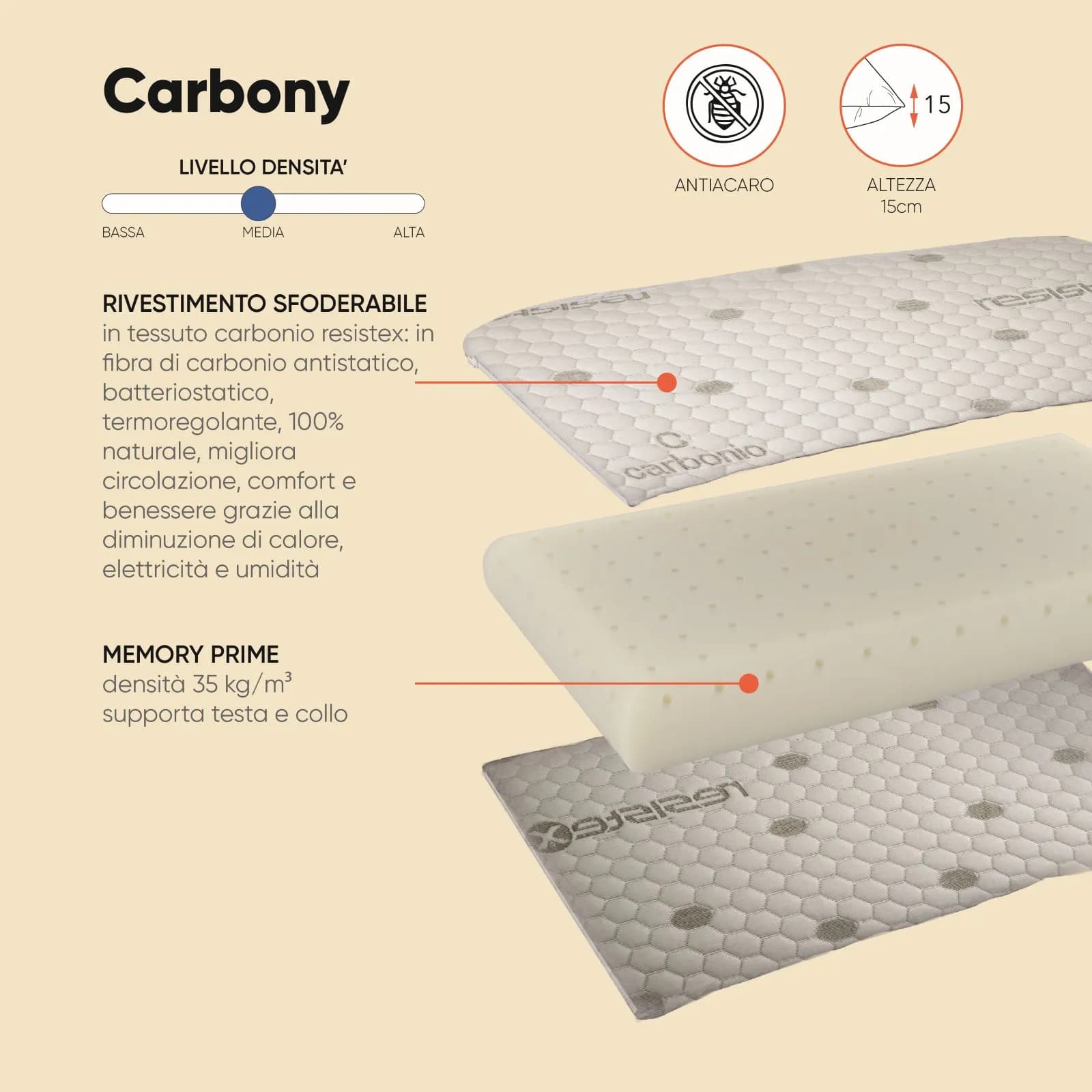 Guanciale sfoderabile 42x72 cm in Memory Prime con tessuto Carbonio Resistex h 15 cm - Carbony