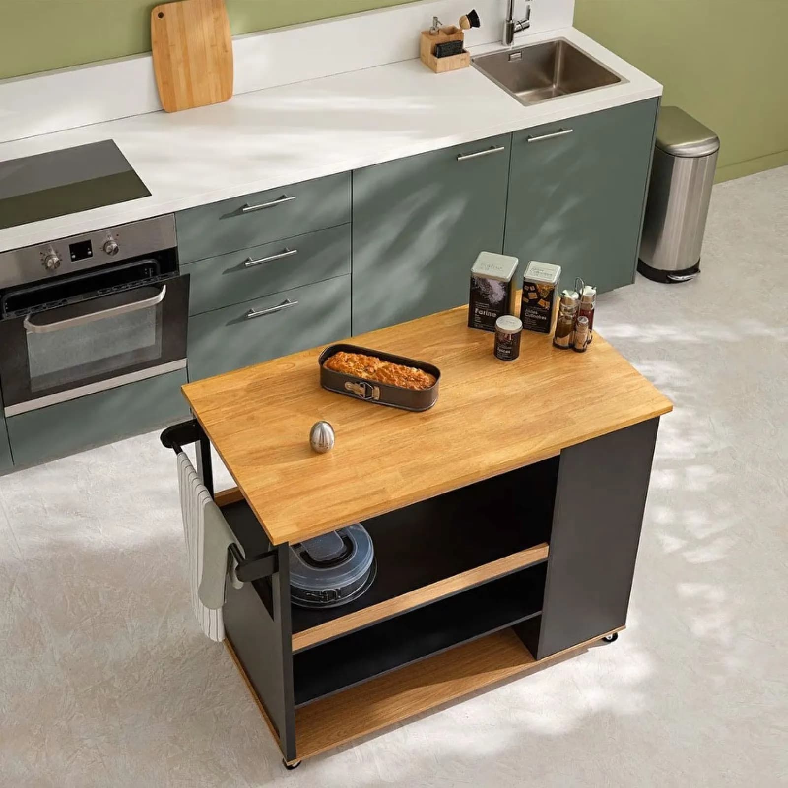 Isola cucina 118x60 cm in legno nero e naturale con vani e ruote
