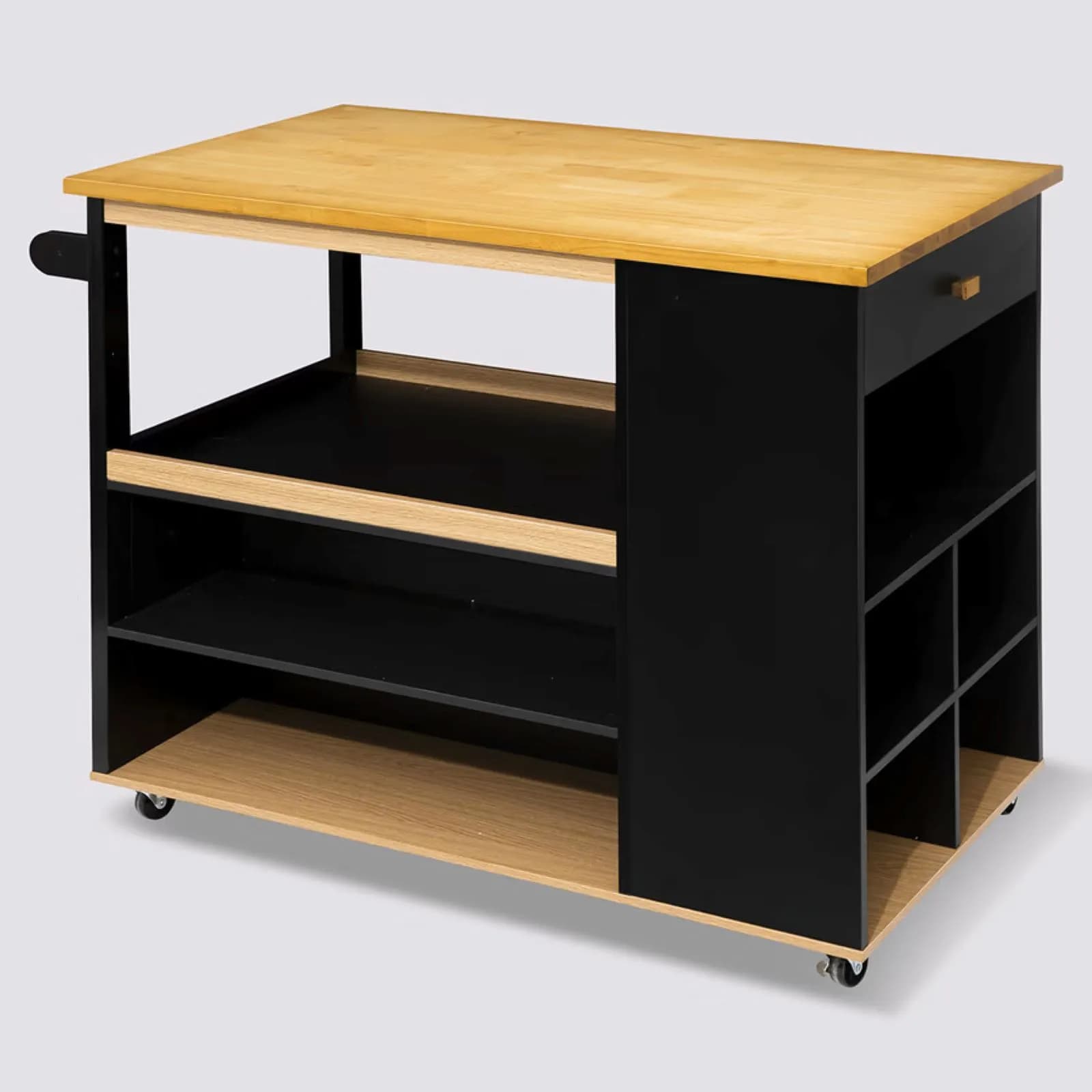Isola cucina 118x60 cm in legno nero e naturale con vani e ruote