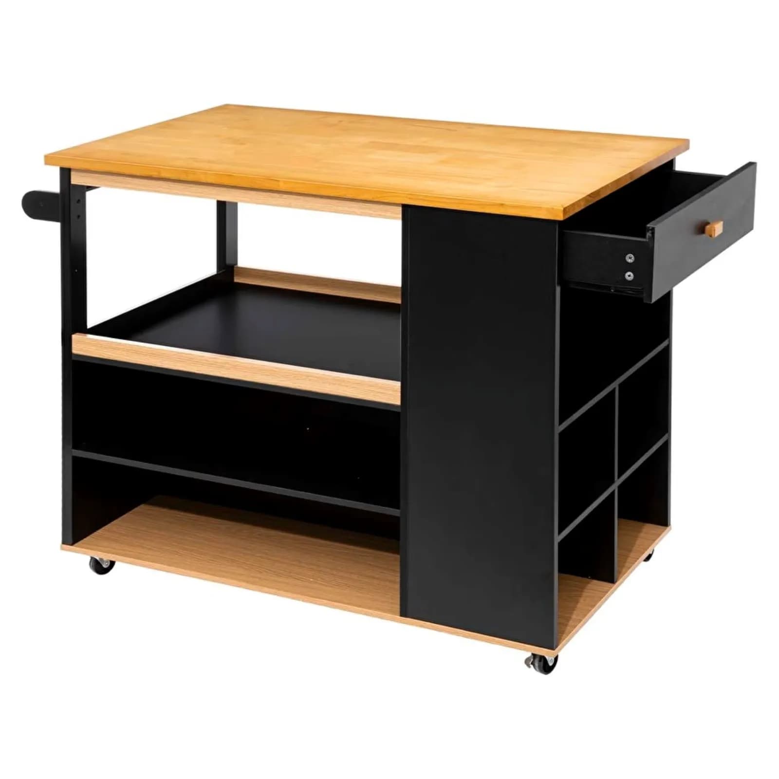 Isola cucina 118x60 cm in legno nero e naturale con vani e ruote