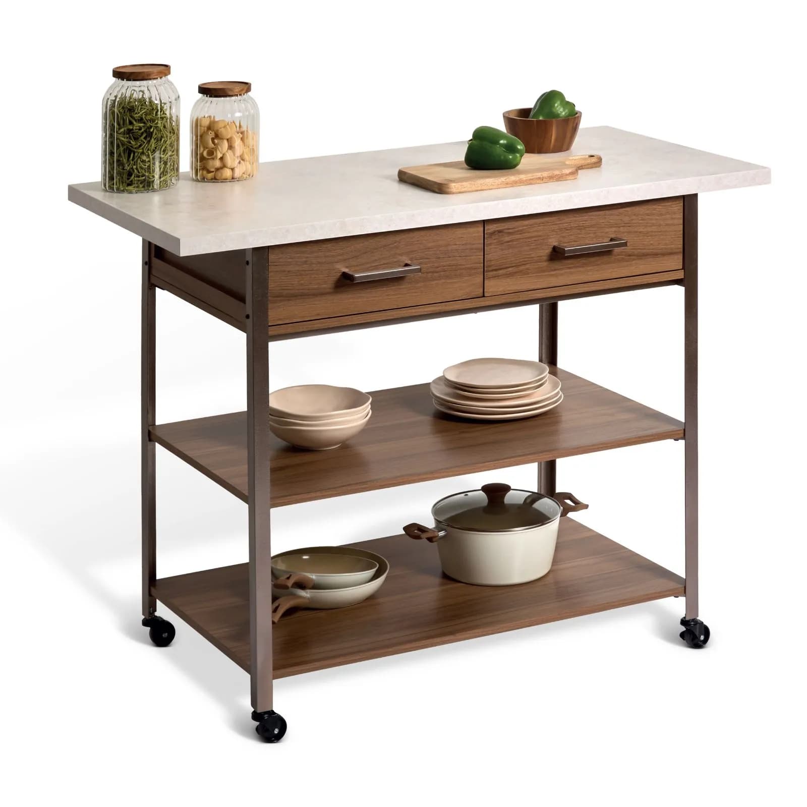 Isola cucina 120x60 cm effetto marmo e legno con 2 cassetti e ruote - Raiden