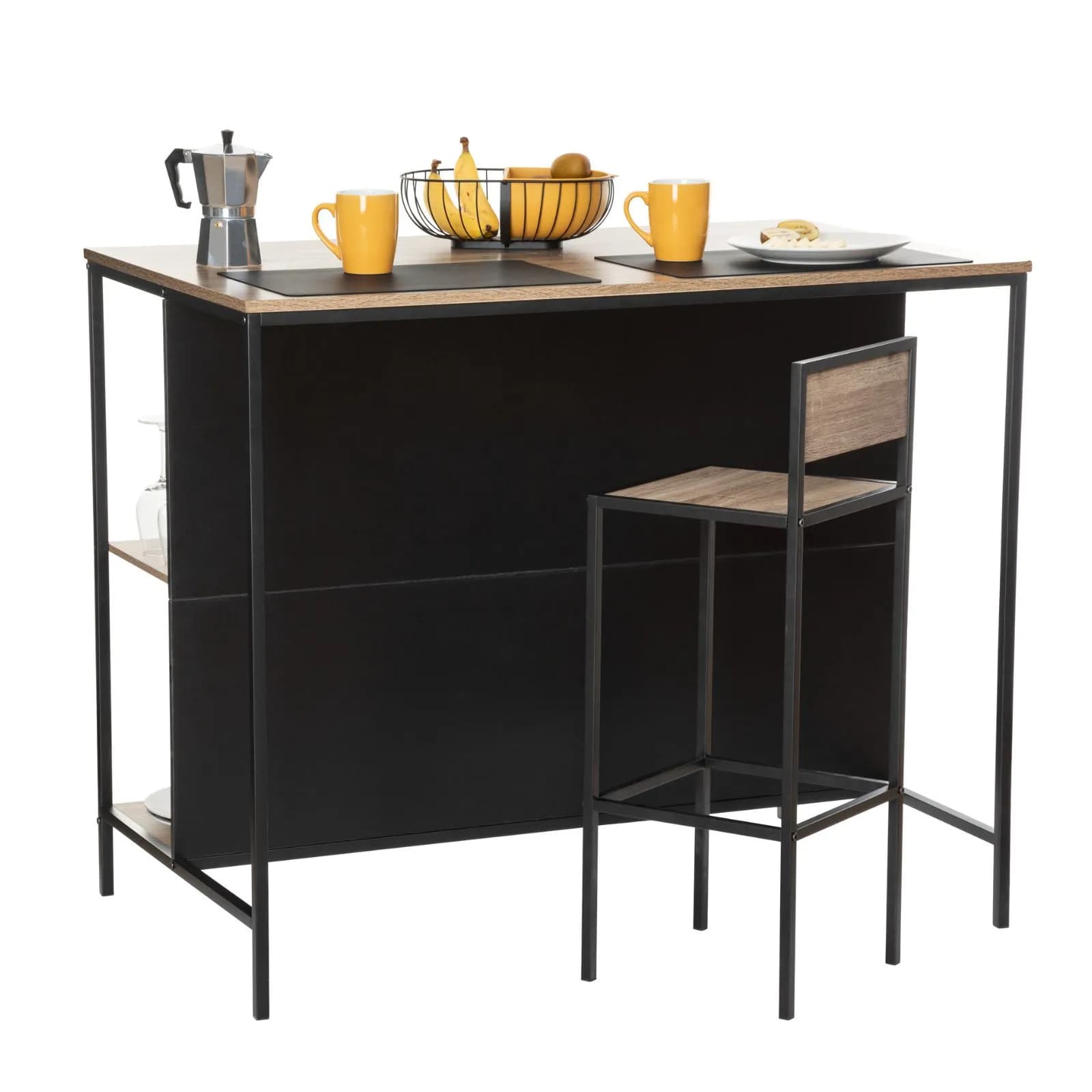Isola cucina 115x70 cm top e ripiani effetto rovere e struttura in metallo nero - Damaris