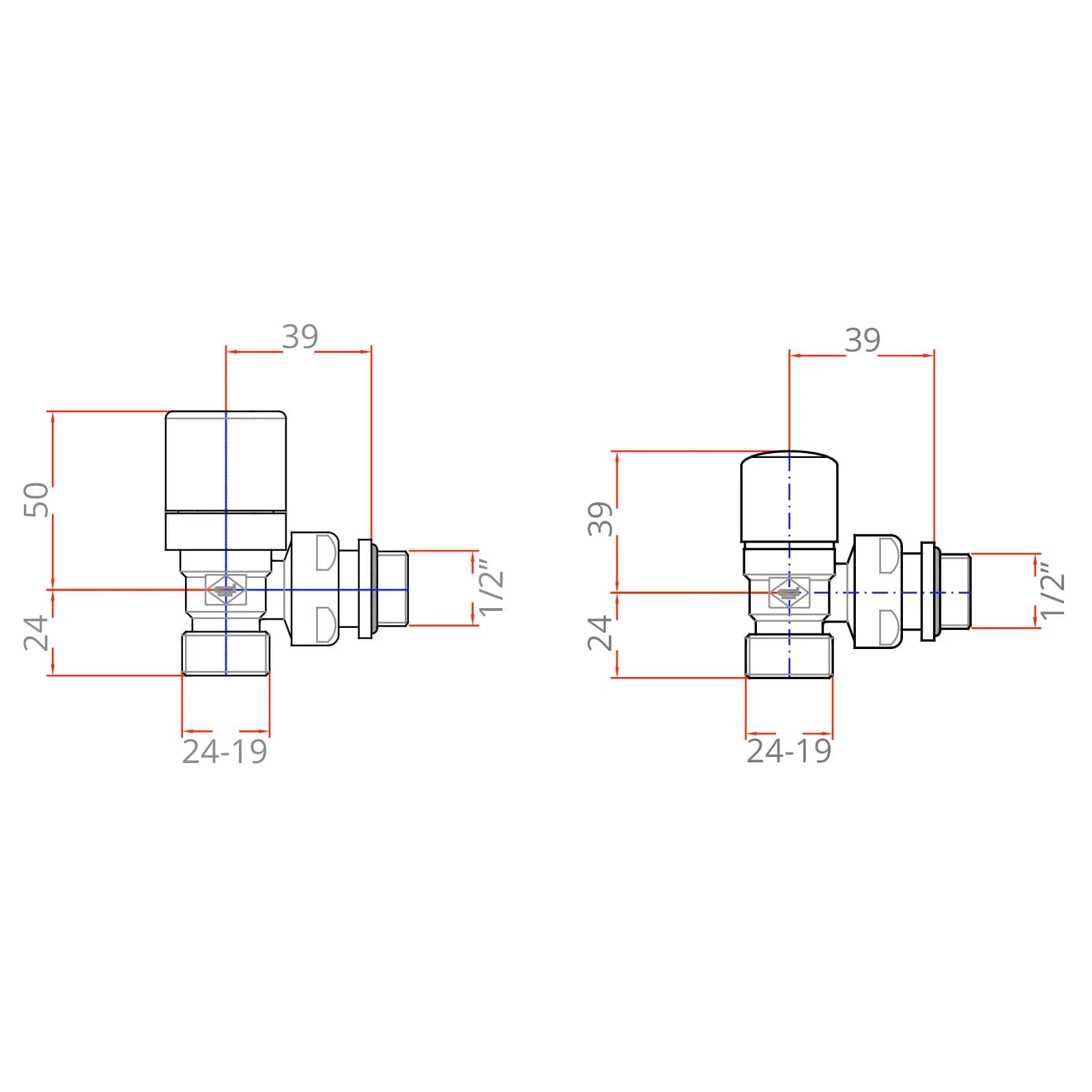 Kit cromo valvola e detentore per radiatori + raccordi per tubo multistrato misura 16x2,25