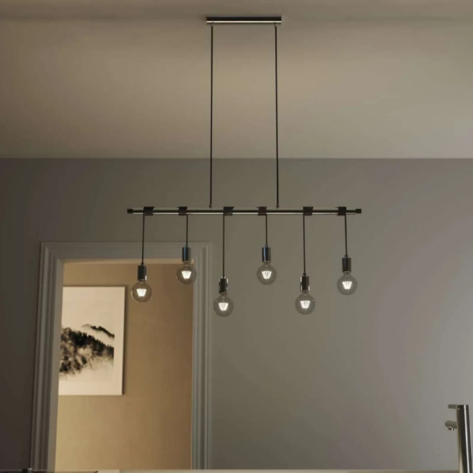 Lampadario sospeso 135h cm in metallo cromo e cavi in tessuto nero