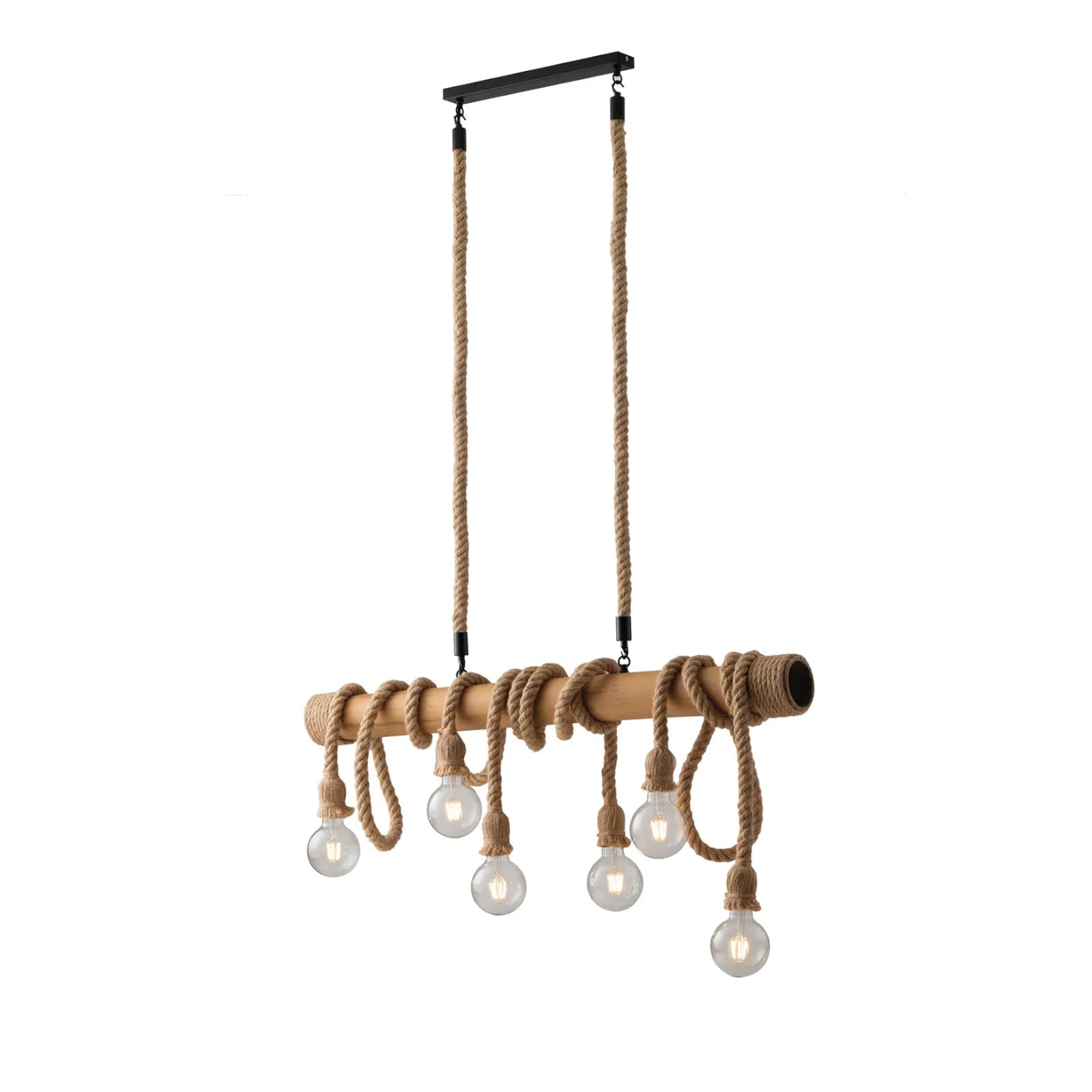Lampada a sospensione 150h cm in metallo nero e cavi rivestiti in corda