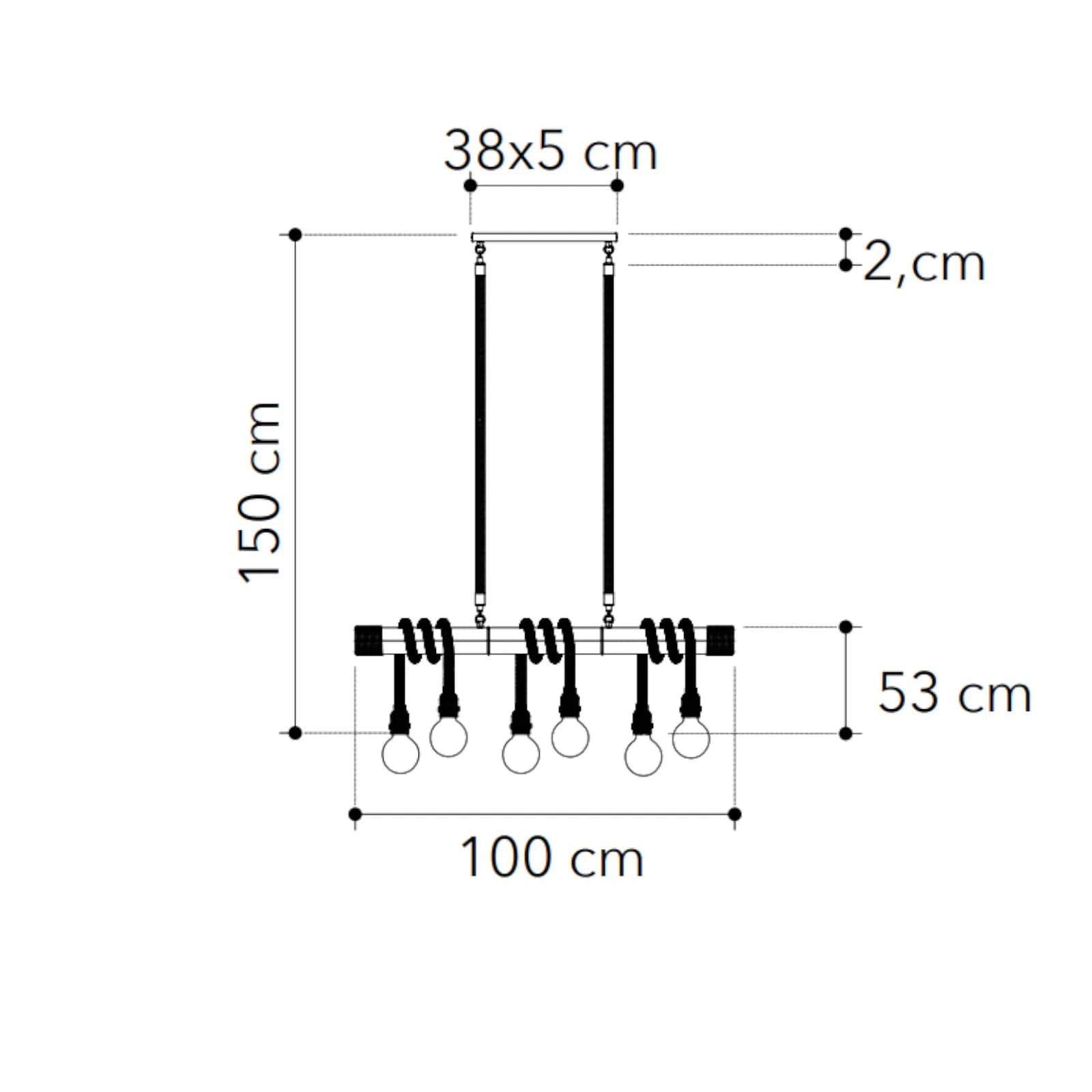 Lampada a sospensione 150h cm in metallo nero e cavi rivestiti in corda