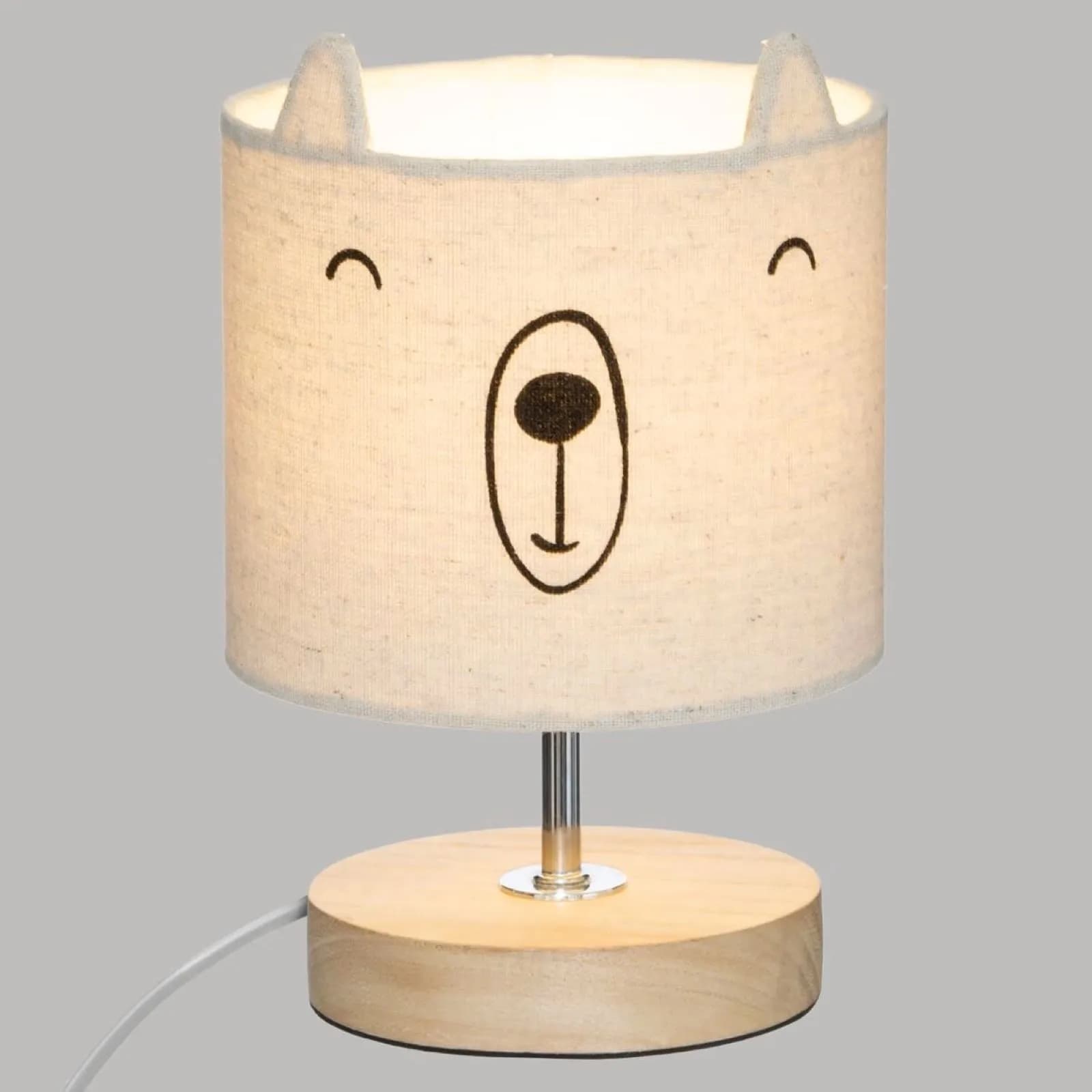 Lampada da tavolo 23 h cm per bambini orsetto in legno di paulownia e paralume in lino grigio - Kids