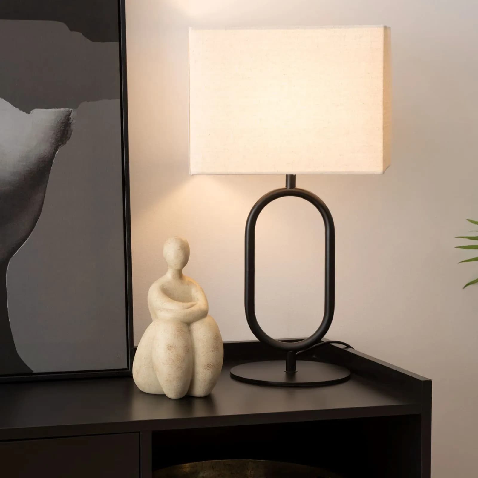 Lampada da tavolo 52h cm in metallo nero e paralume in lino
