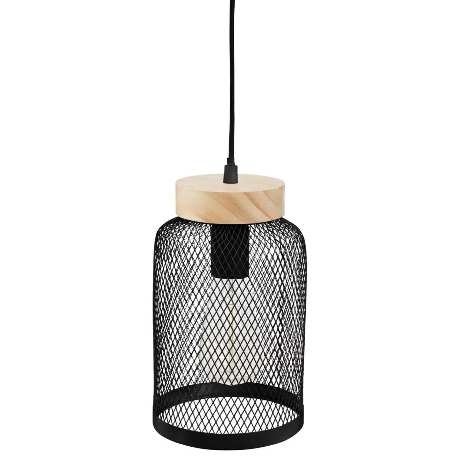 Lampada sospesa rotonda 15 cm a cilindro in metallo nero e legno