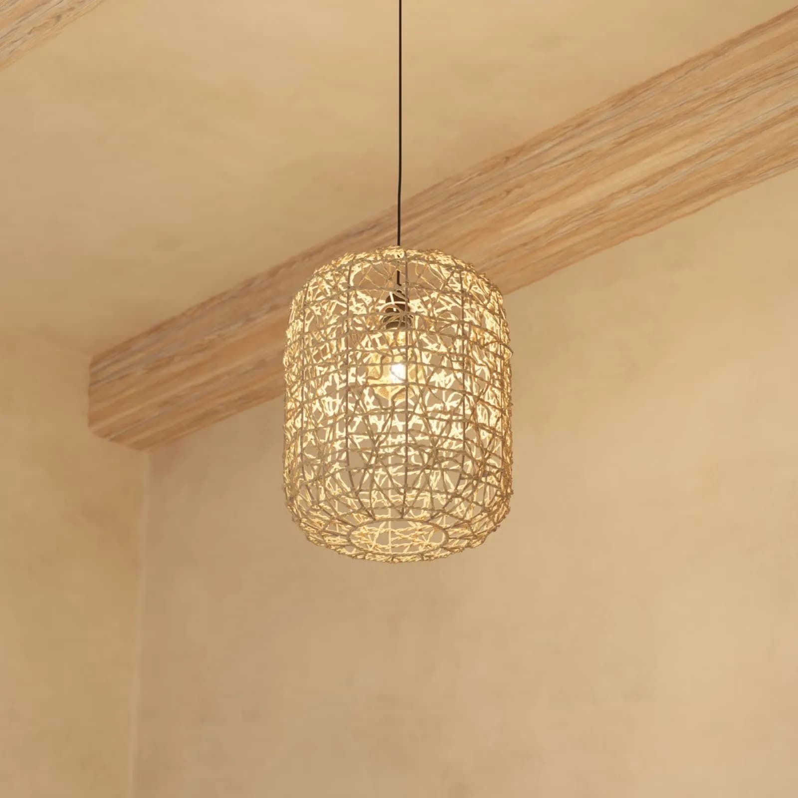 Lampada sospesa rotonda 28 cm intrecciata in corda beige