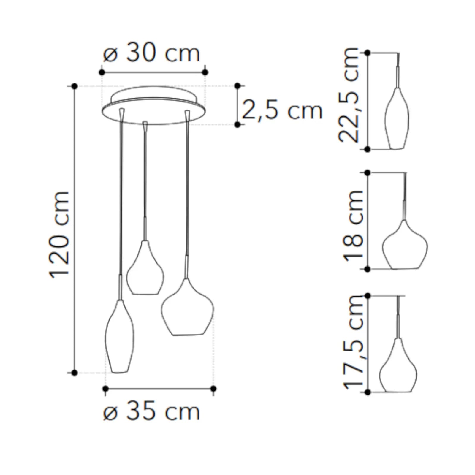 Lampadario da 3 lampade sospese per interno o esterno 35x120h cm in doppio vetro