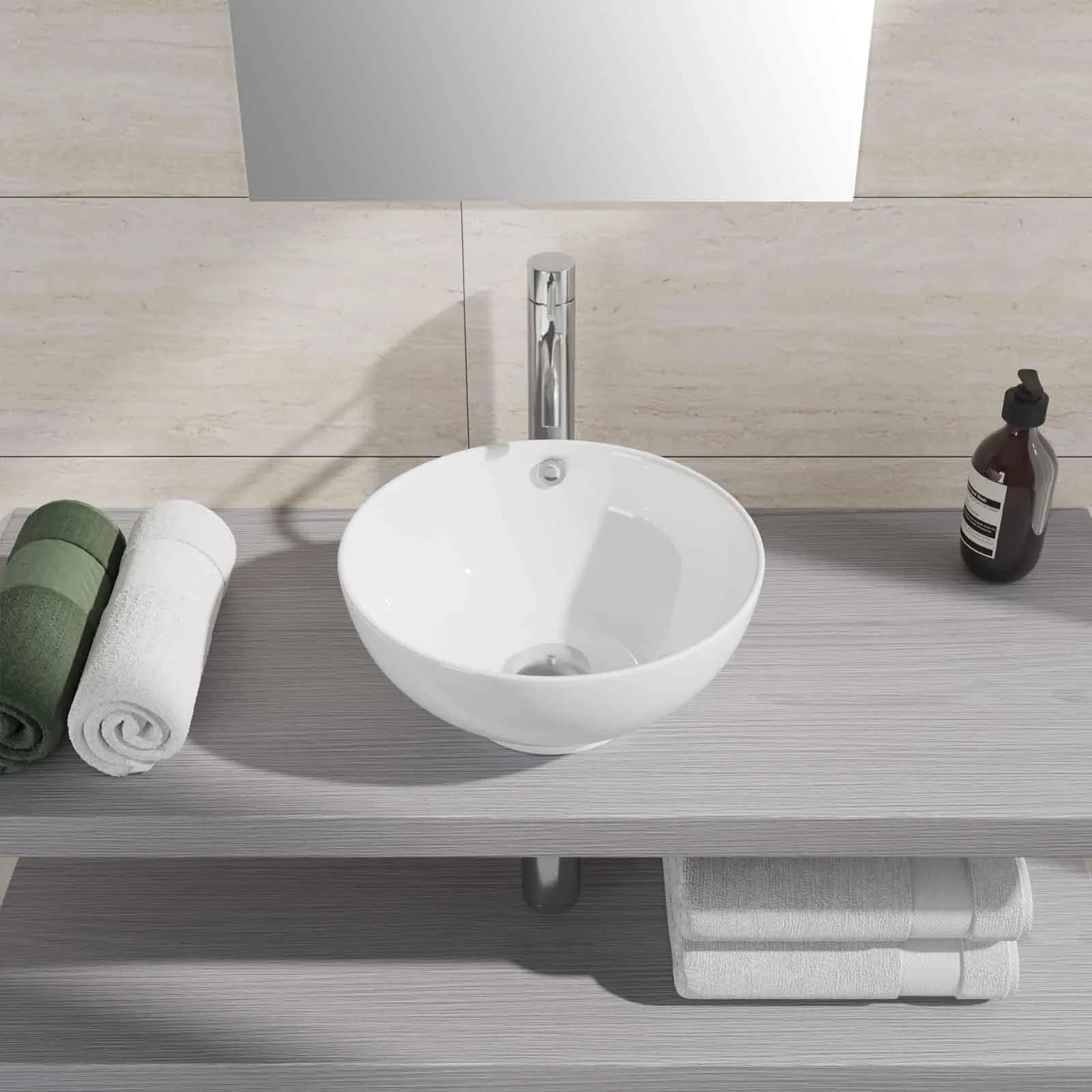 Lavabo a bacinella da appoggio rotondo 40 cm in ceramica bianco lucido