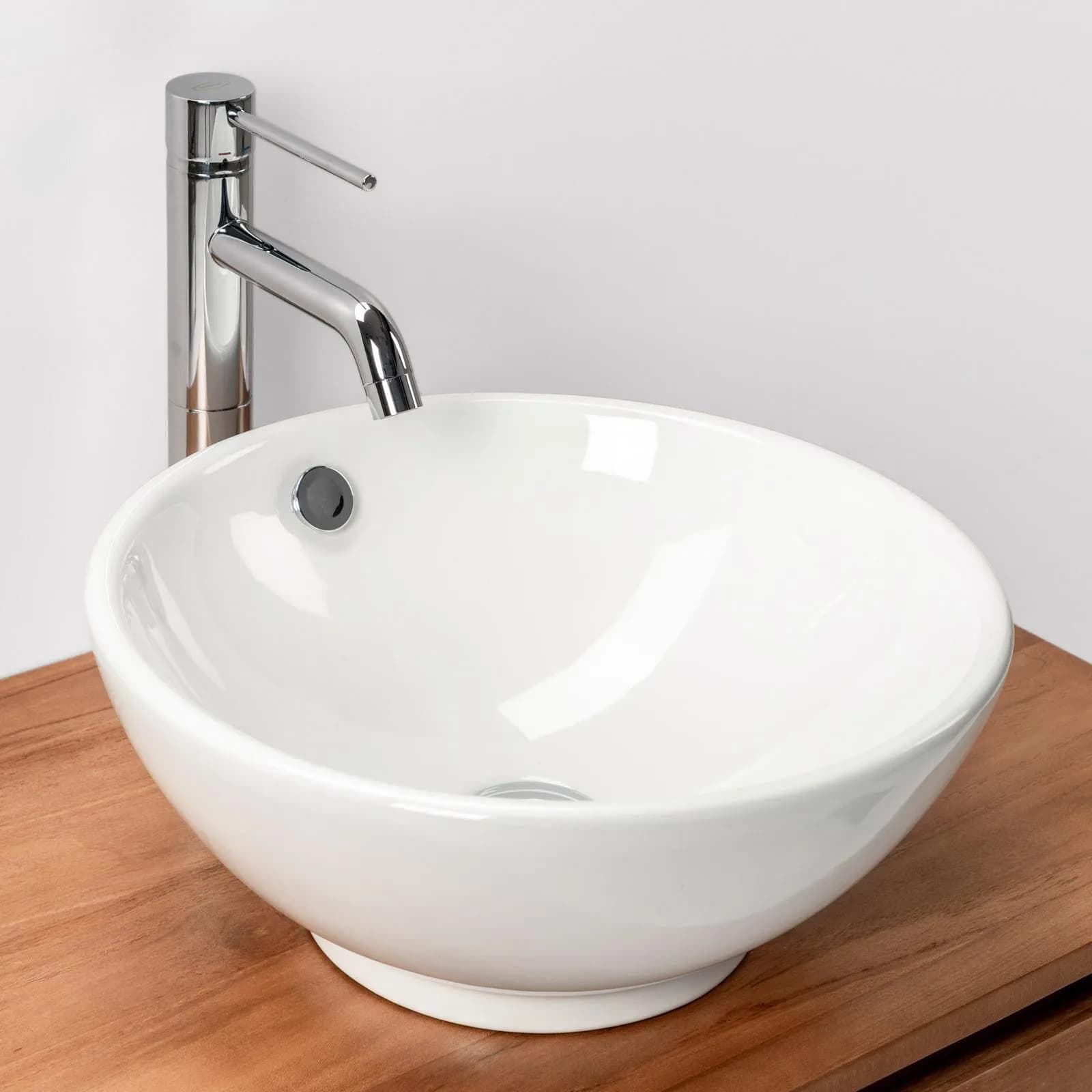 Lavabo a bacinella da appoggio rotondo 40 cm in ceramica bianco lucido