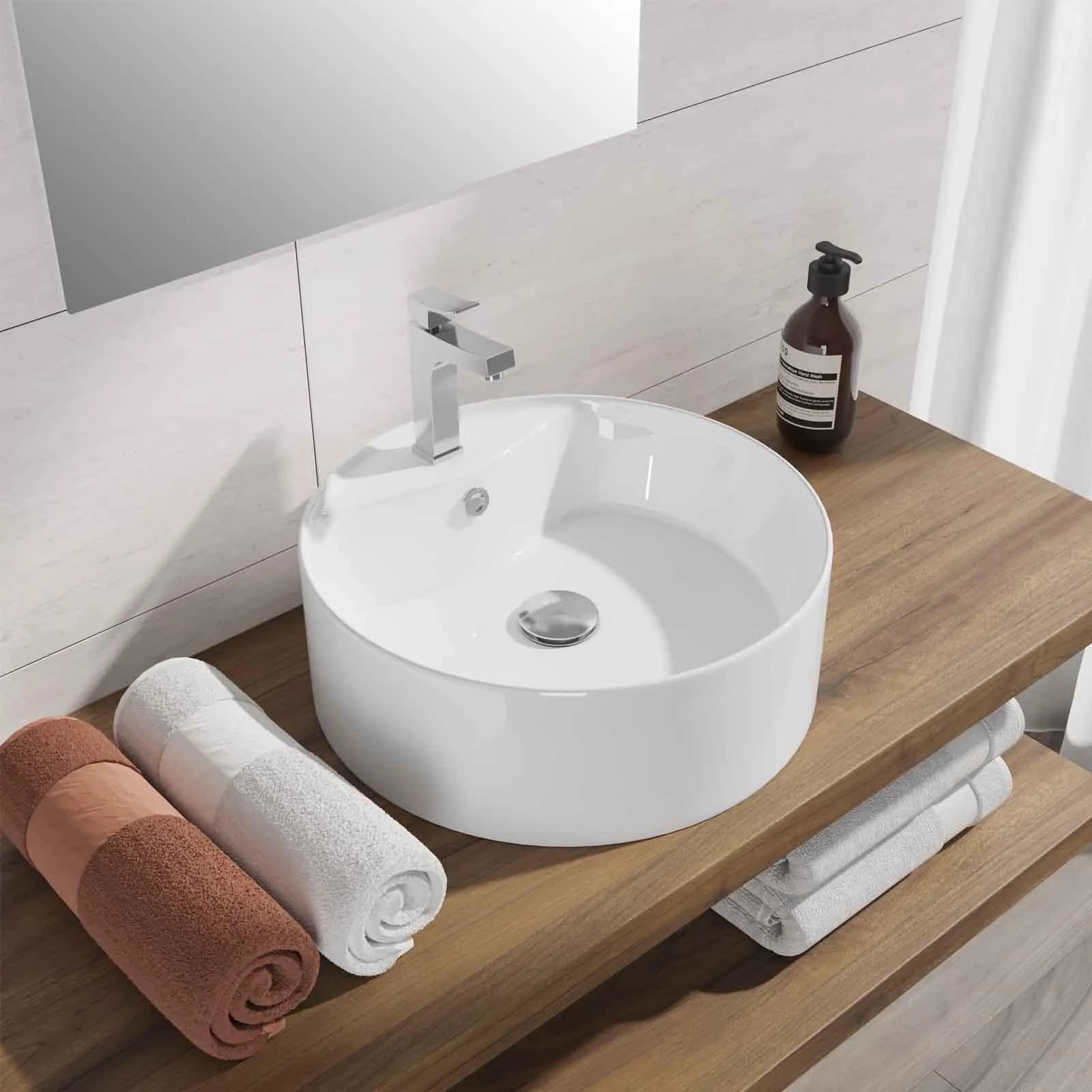Lavabo bacinella d'appoggio bianco in ceramica con base miscelatore