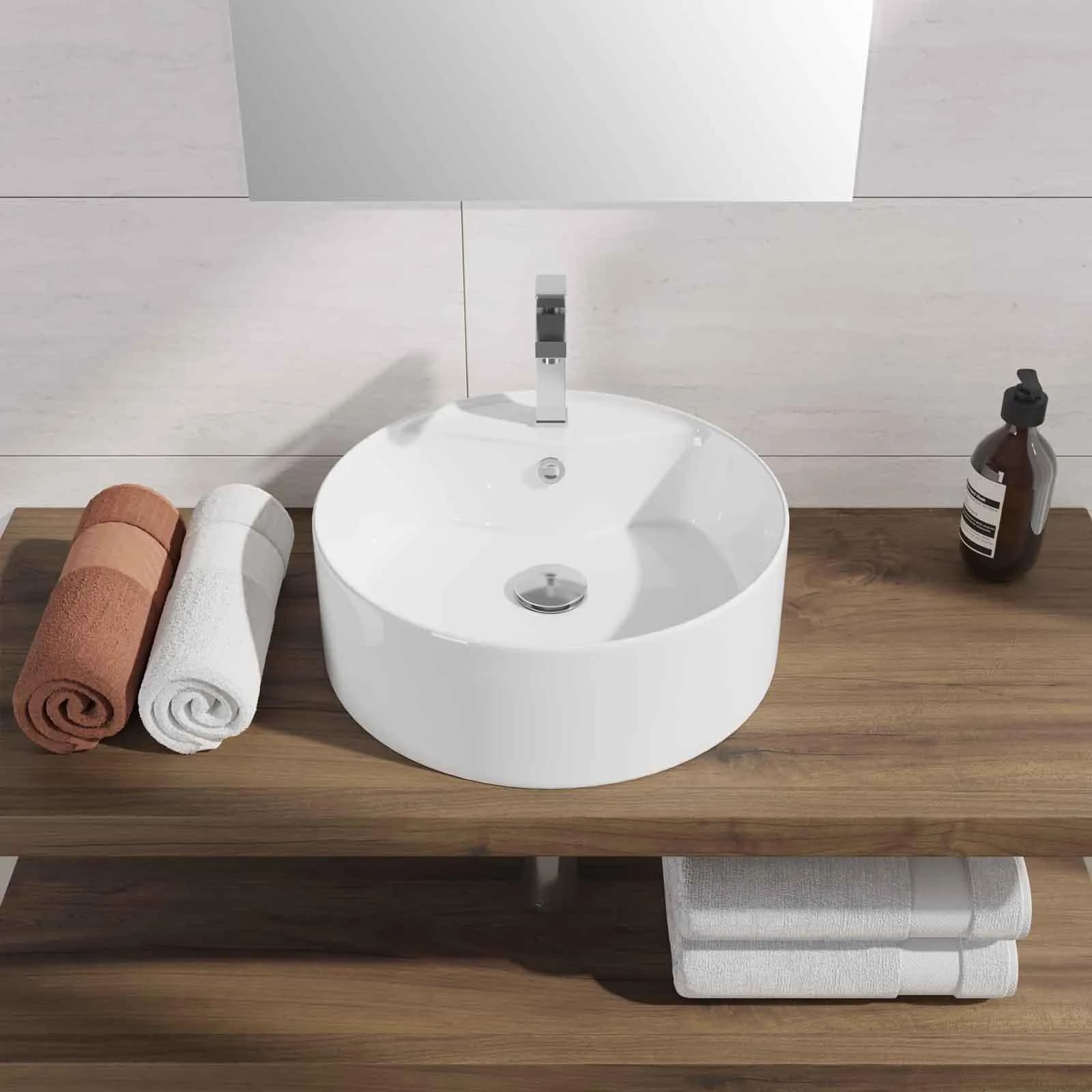 Lavabo bacinella d'appoggio bianco in ceramica con base miscelatore