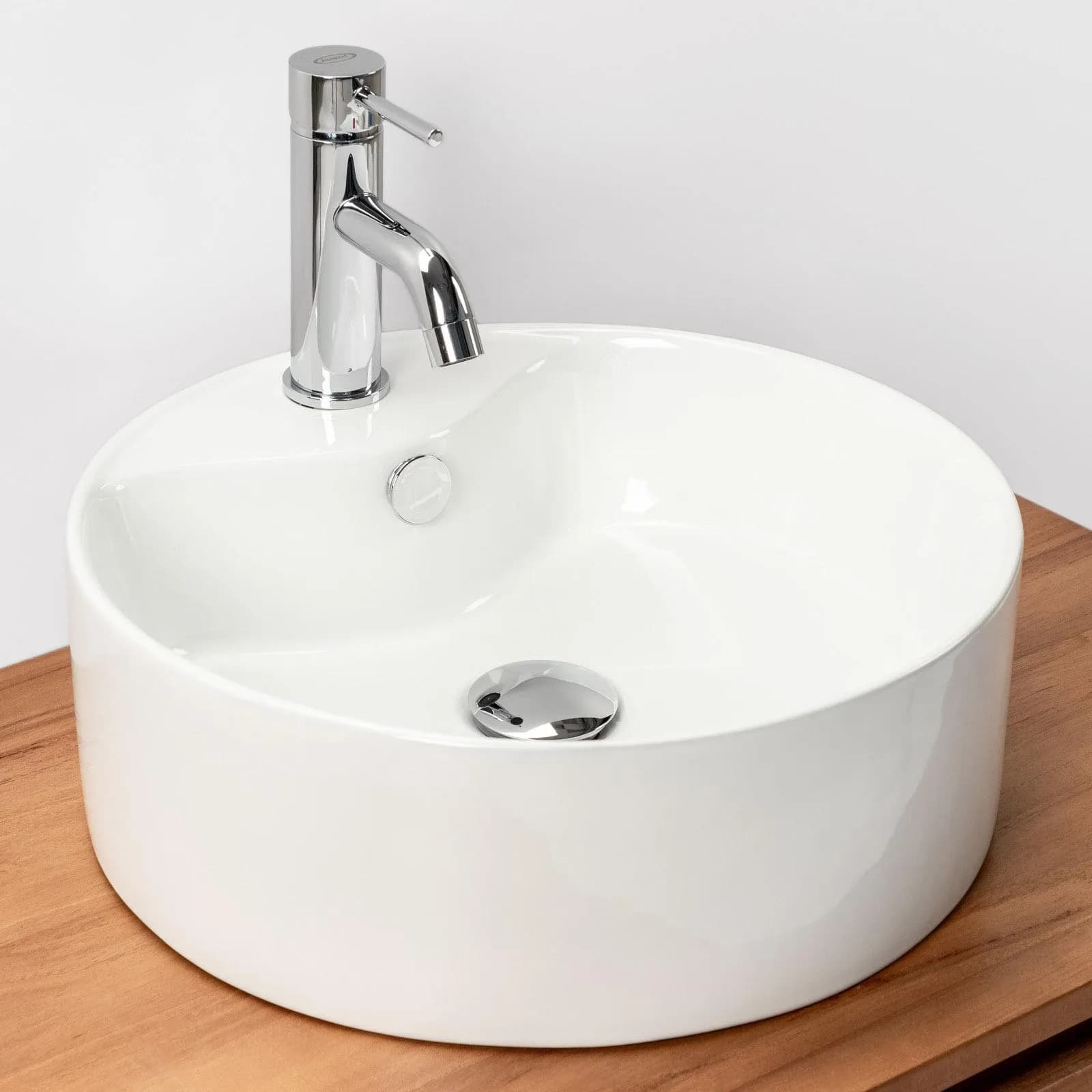 Lavabo bacinella d'appoggio bianco in ceramica con base miscelatore