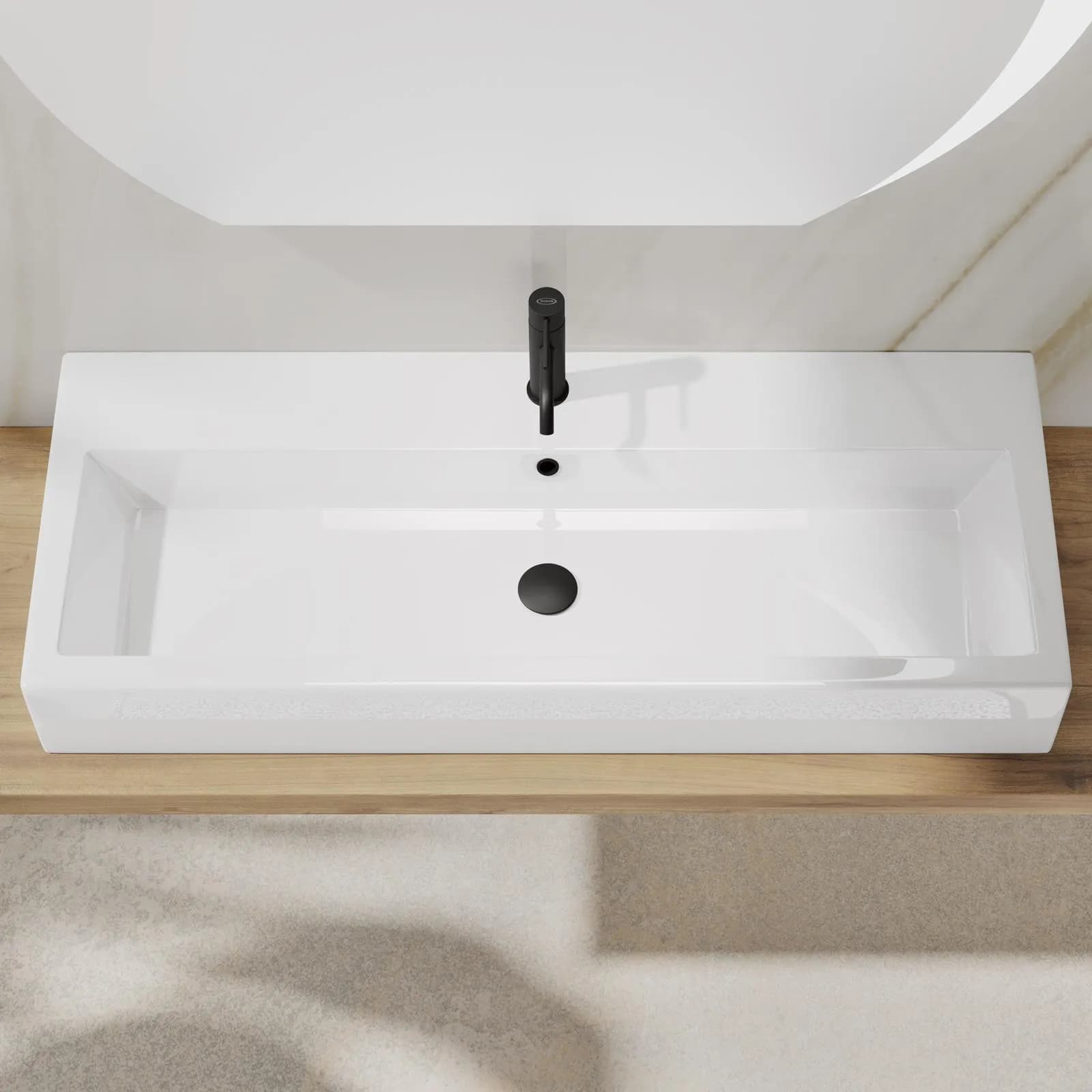 Lavabo da appoggio 100 cm in ceramica bianco lucido con foro - Cayman
