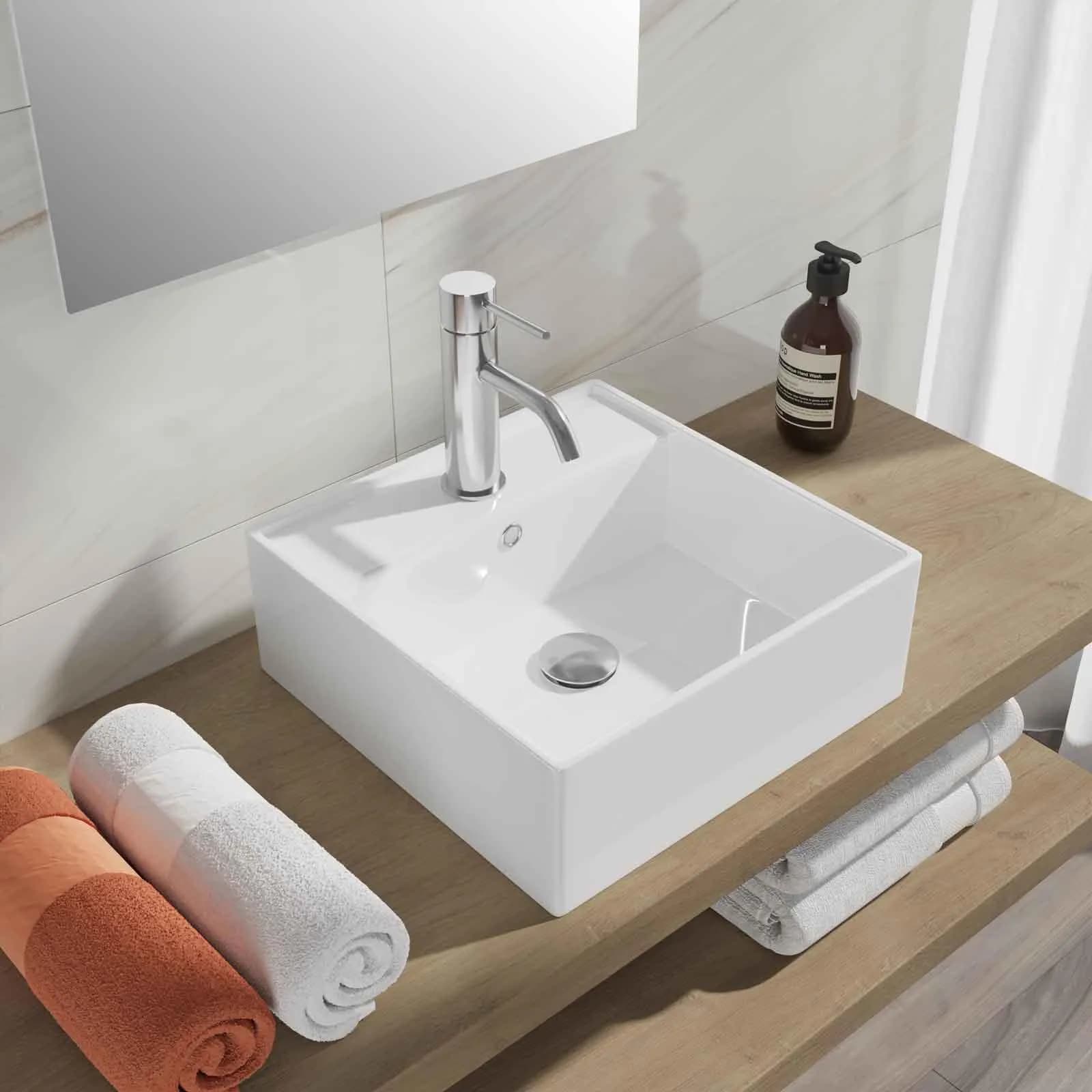 Lavabo da appoggio squadrato 41 cm in ceramica bianco lucido monoforo