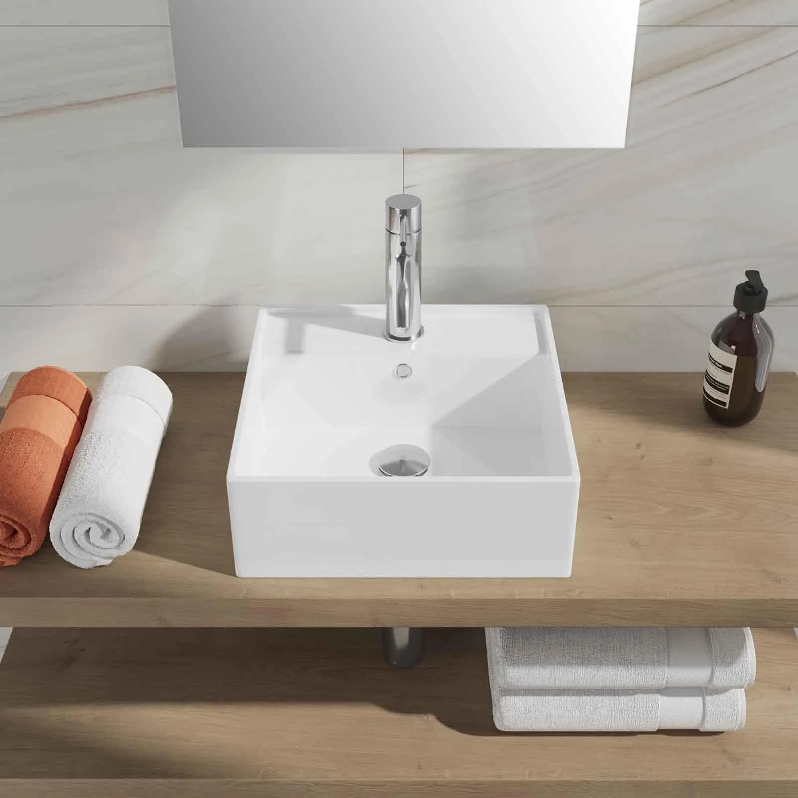 Lavabo da appoggio squadrato 41 cm in ceramica bianco lucido monoforo