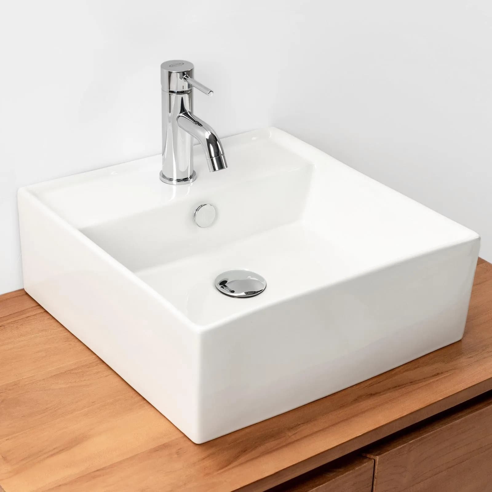 Lavabo da appoggio squadrato 41 cm in ceramica bianco lucido monoforo