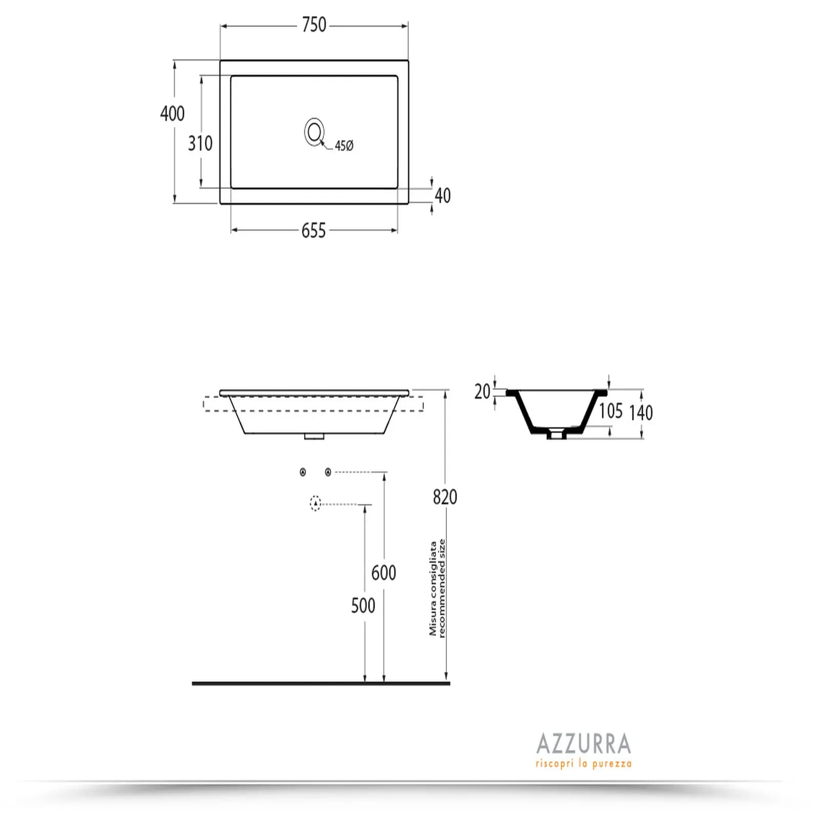 Lavabo da incasso in ceramica 75x40 cm senza foro Azzurra Ceramica THIN