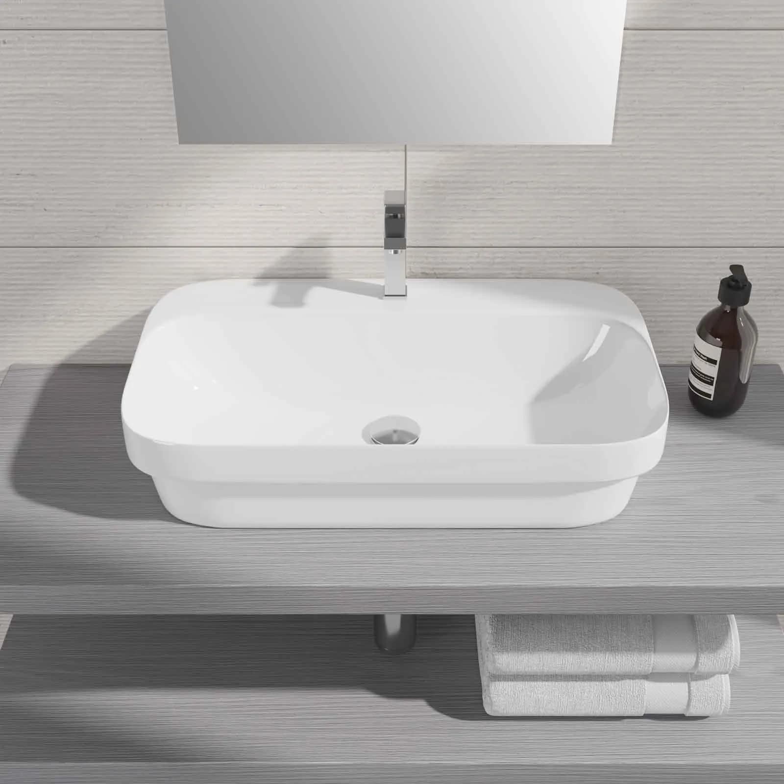 Lavabo in ceramica 70x42 cm da appoggio o incasso bianco lucido