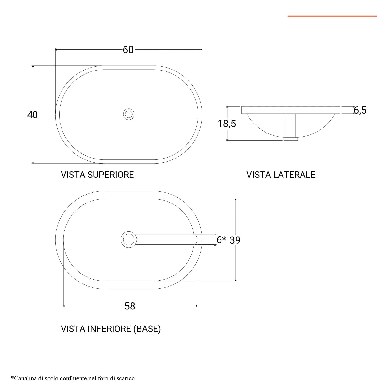 Lavabo incasso soprapiano in ceramica 60x40 cm soprapiano
