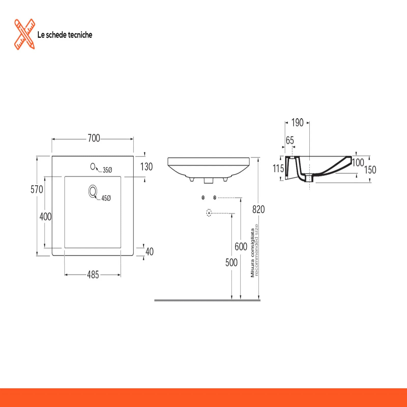 Lavabo sospeso 70 cm in ceramica bianco lucido bagno accessibile - Thin di Azzurra