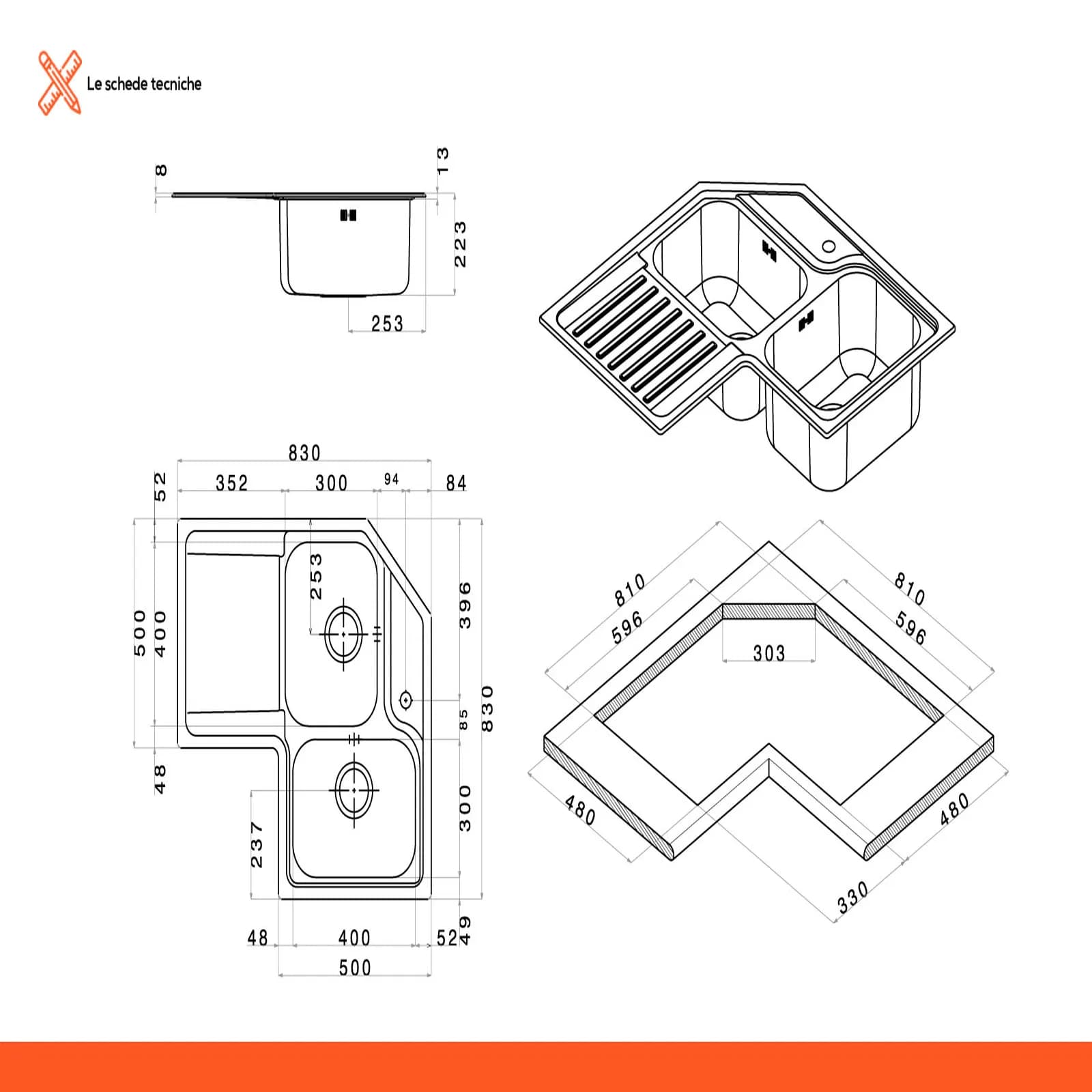 Lavello Apell angolare sx 83 x 83 x 50 cm con due vasche acciaio inox spazzolato