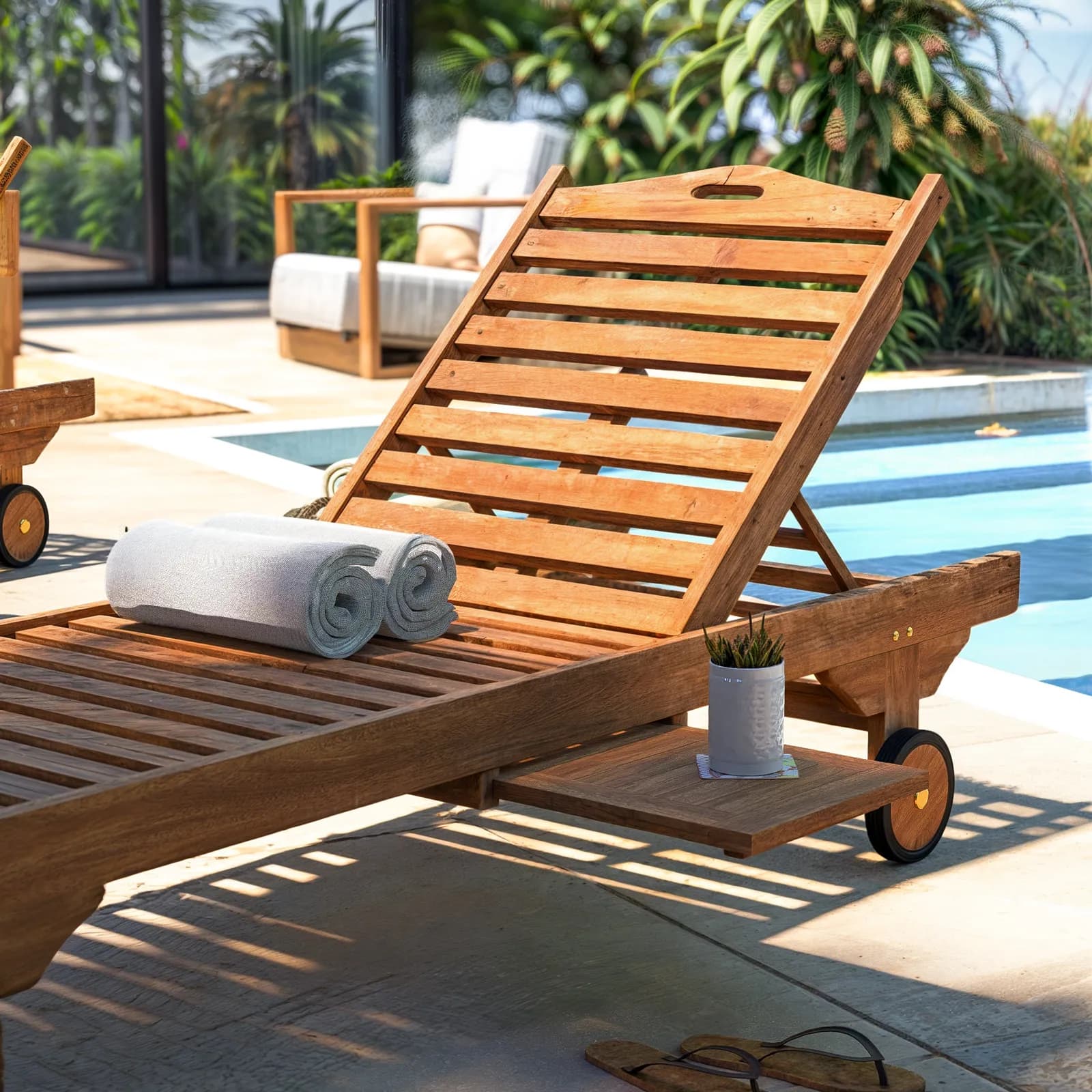 Lettino prendisole reclinabile in legno teak con vassoio scorrevole - Louis