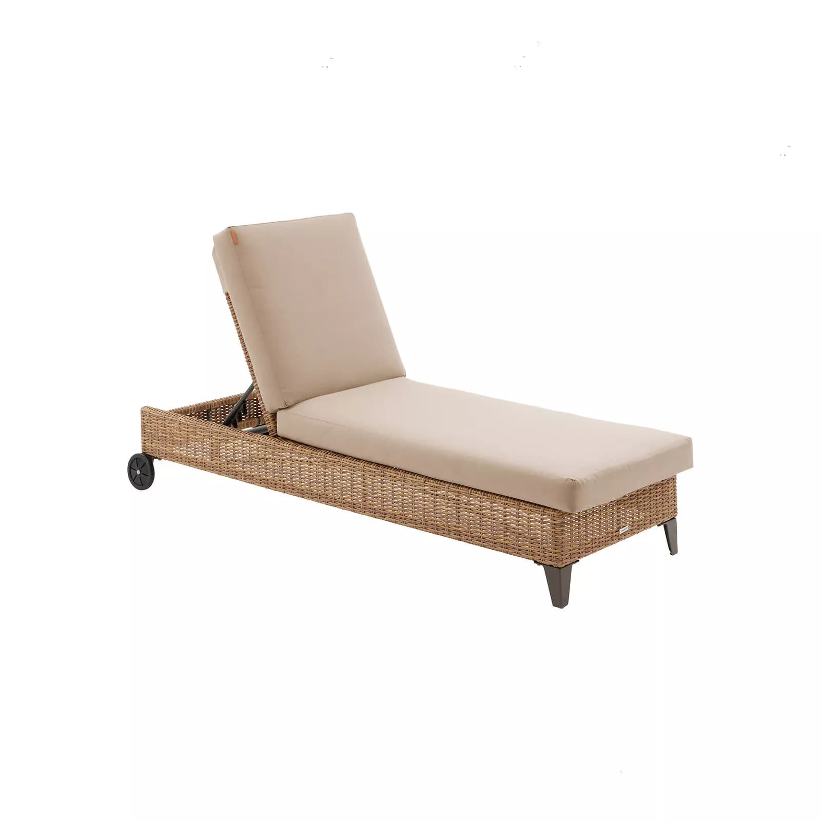 Lettino prendisole reclinabile con ruote in polyrattan naturale e cuscino beige - Hierro