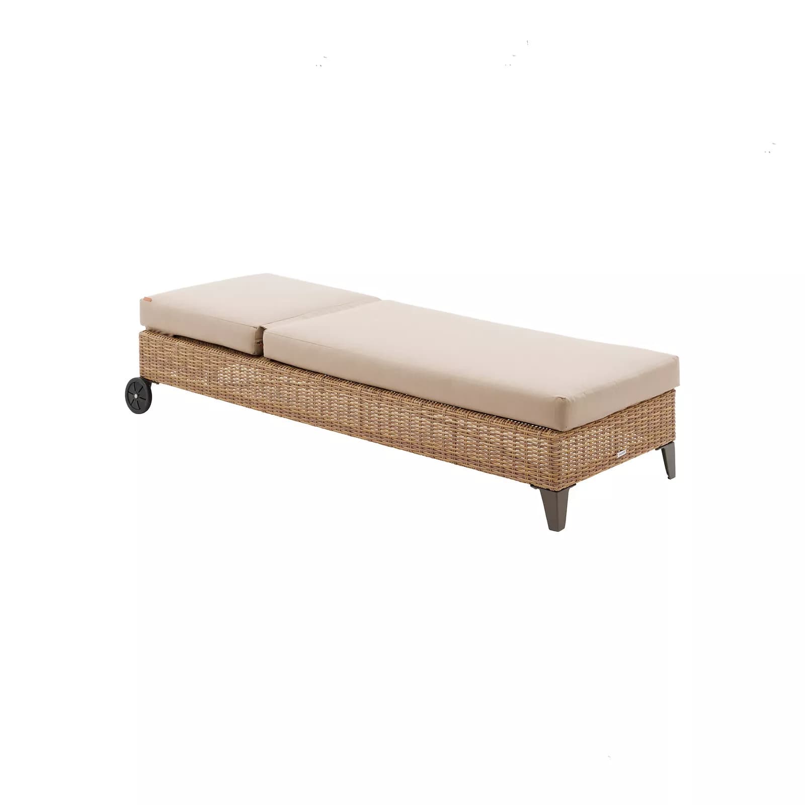 Lettino prendisole reclinabile con ruote in polyrattan naturale e cuscino beige - Hierro