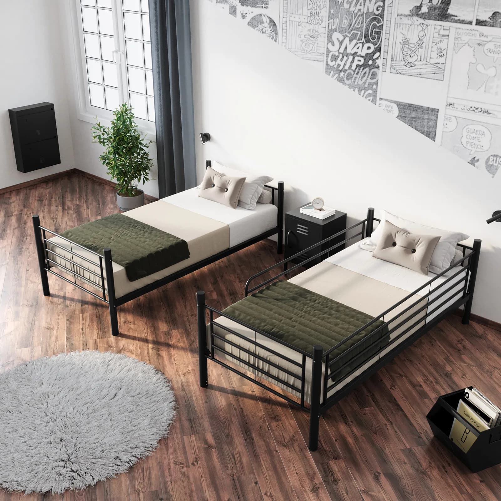 Letto a castello trasformabile in 2 letti singoli 90x190 cm in metallo nero opaco con 2 cassettoni - Jenson