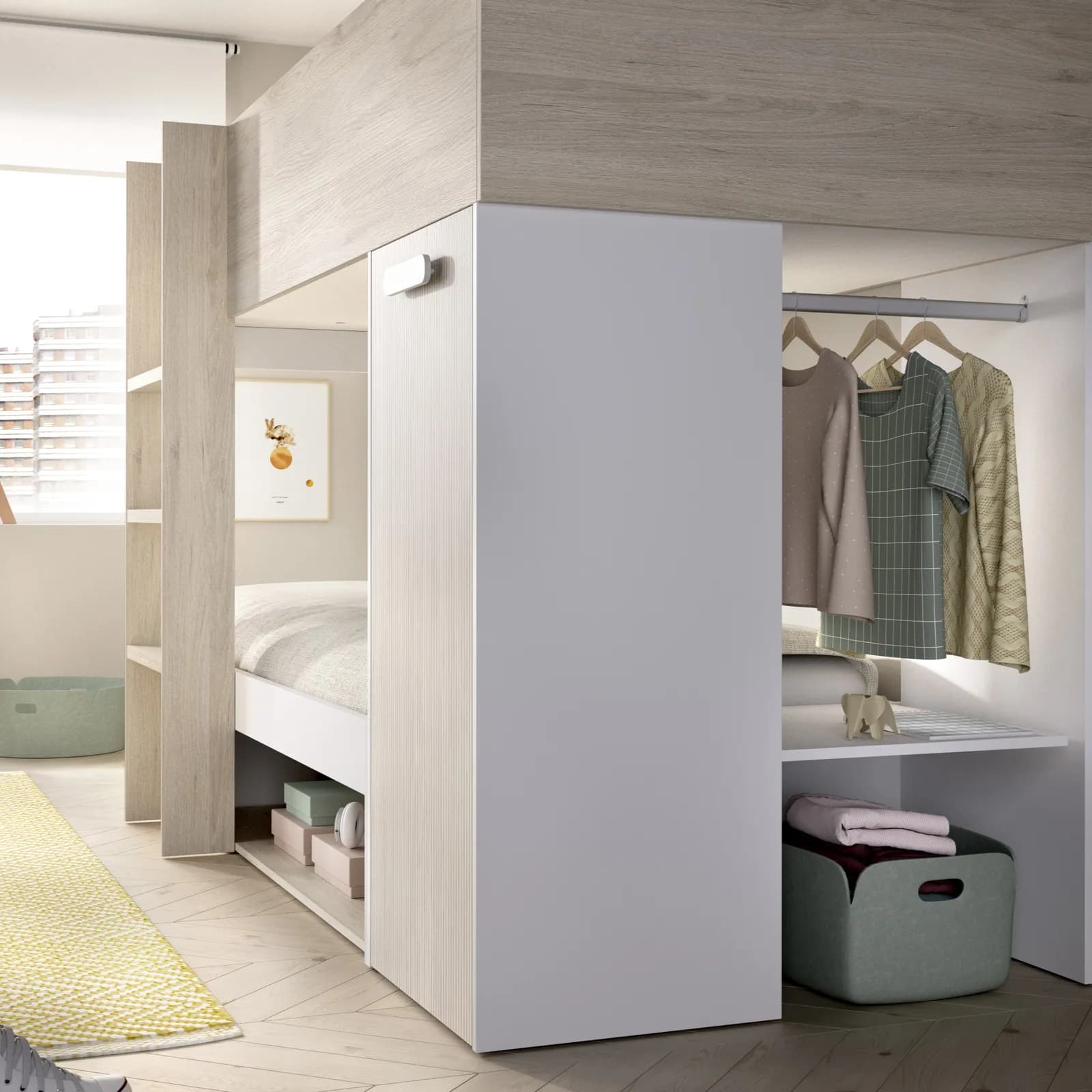 Letto a castello 246x112 cm bianco ed effetto rovere naturale e cannettato con armadio - Virgo