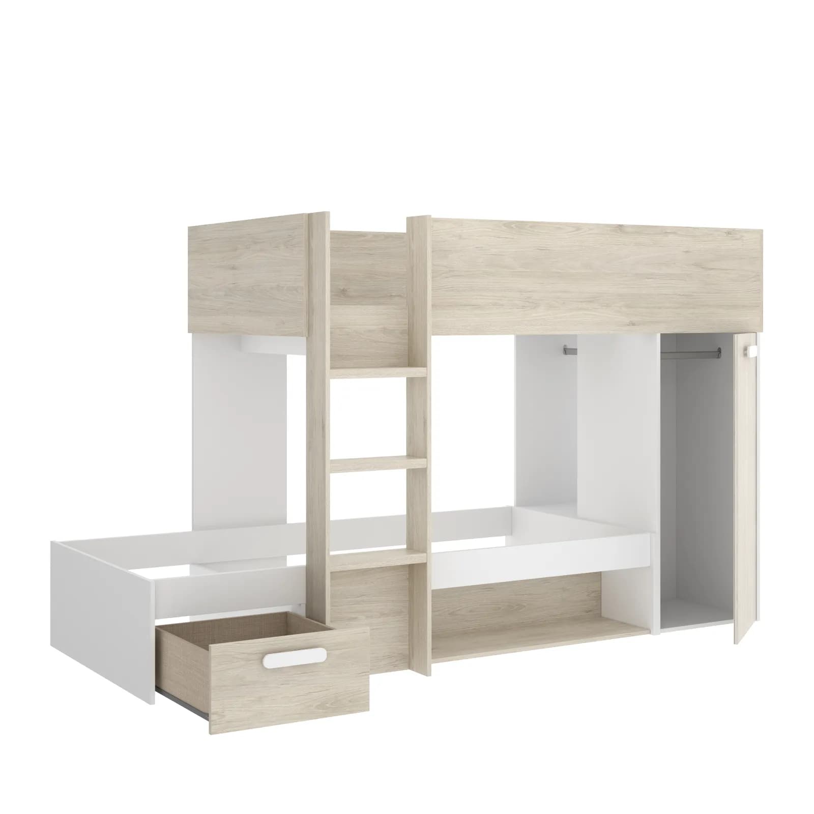 Letto a castello 246x112 cm bianco ed effetto rovere naturale e cannettato con armadio - Virgo