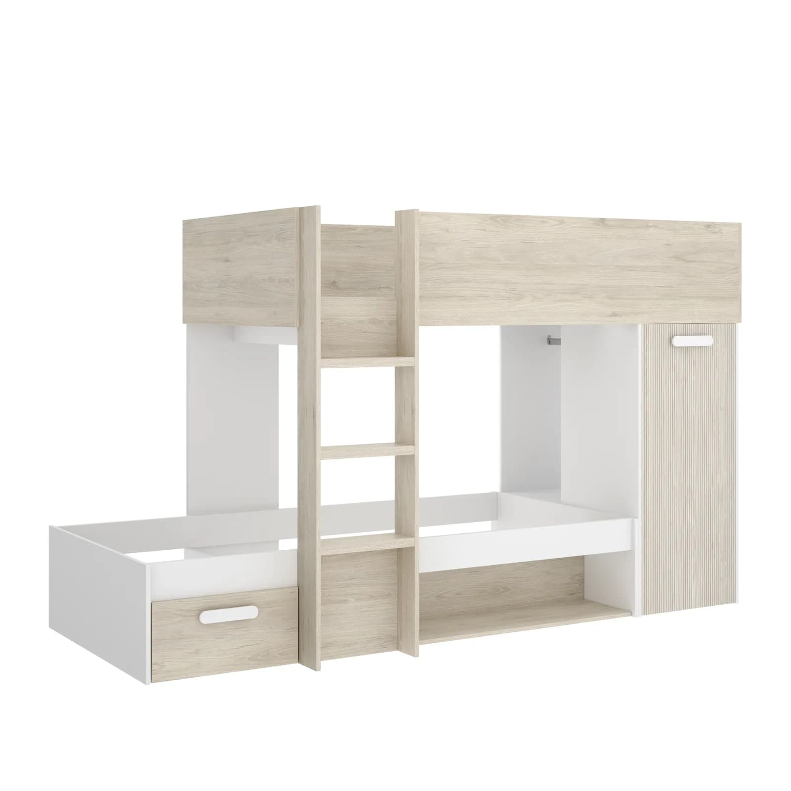 Letto a castello 246x112 cm bianco ed effetto rovere naturale e cannettato con armadio - Virgo