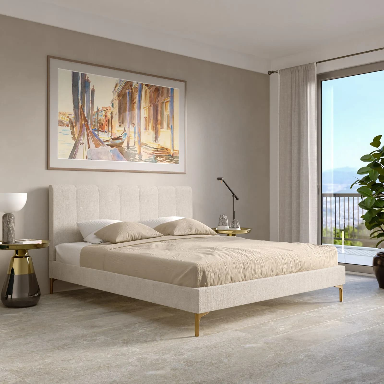 Letto matrimoniale 160x190 cm in tessuto crema con gambe oro opaco - Firik