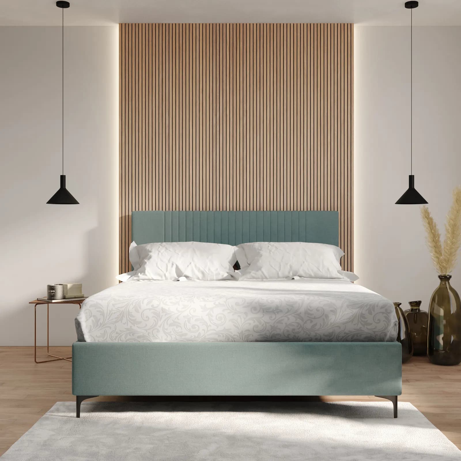 Letto matrimoniale 160x190 cm in tessuto effetto maglia verde salvia con contenitore - Maverick