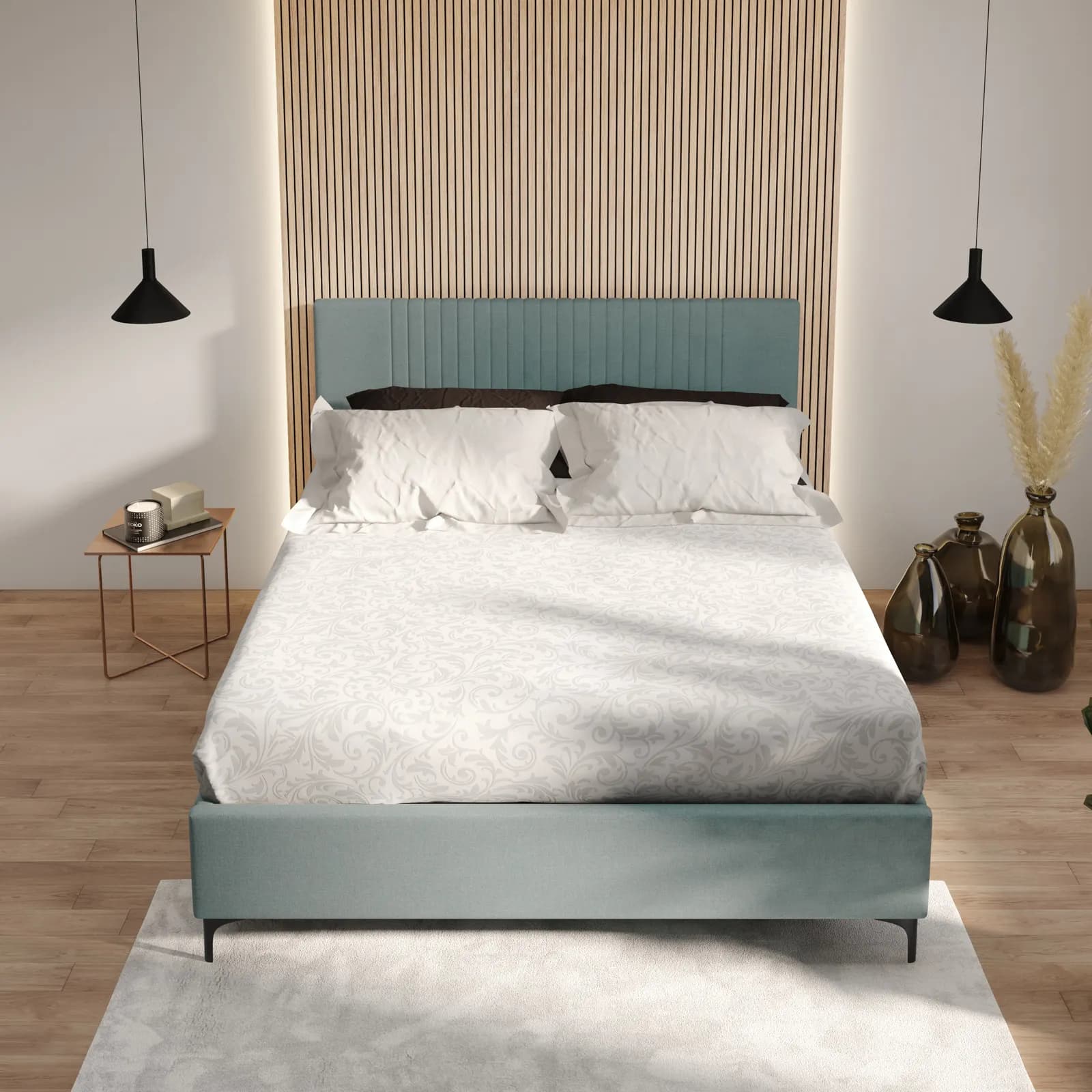 Letto matrimoniale 160x190 cm in tessuto effetto maglia verde salvia con contenitore - Maverick