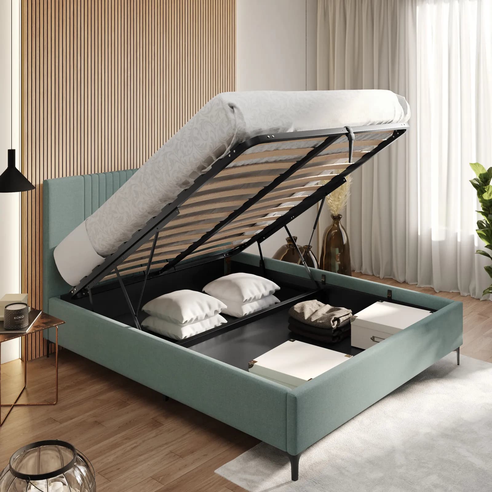 Letto matrimoniale 160x190 cm in tessuto effetto maglia verde salvia con contenitore - Maverick