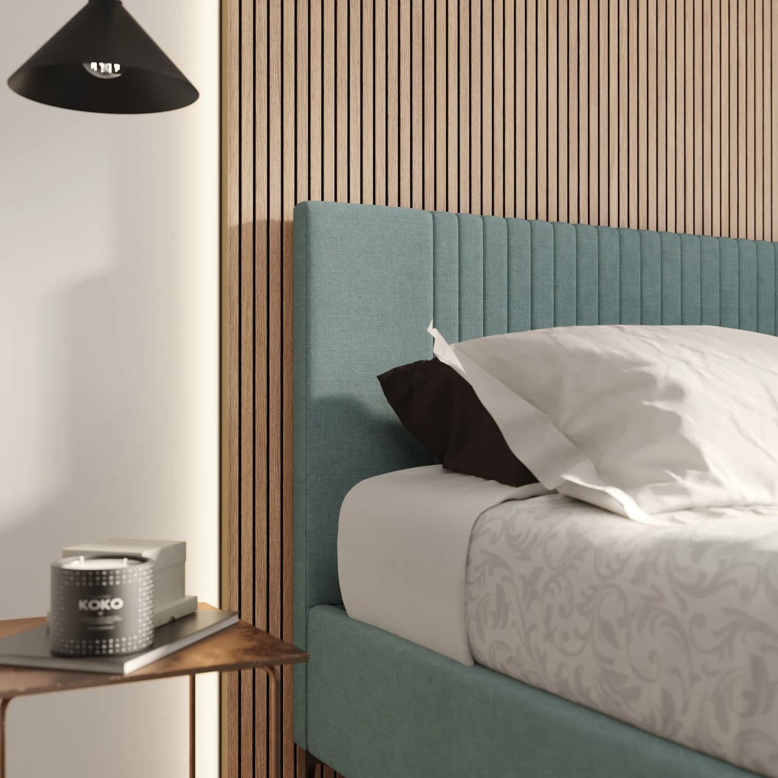 Letto matrimoniale 160x190 cm in tessuto effetto maglia verde salvia con contenitore - Maverick