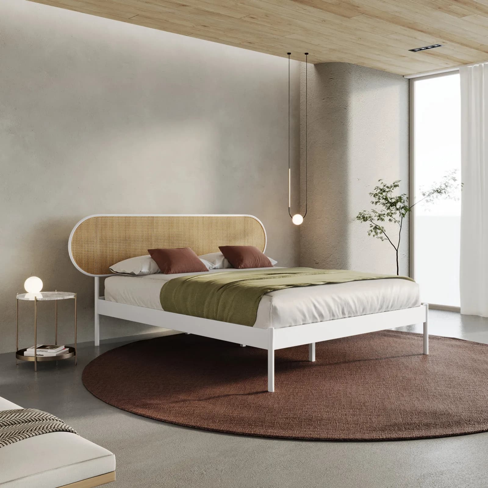 Letto matrimoniale 160x200 cm con struttura in metallo bianco e testata tondeggiante effetto paglia di Vienna - Alaric
