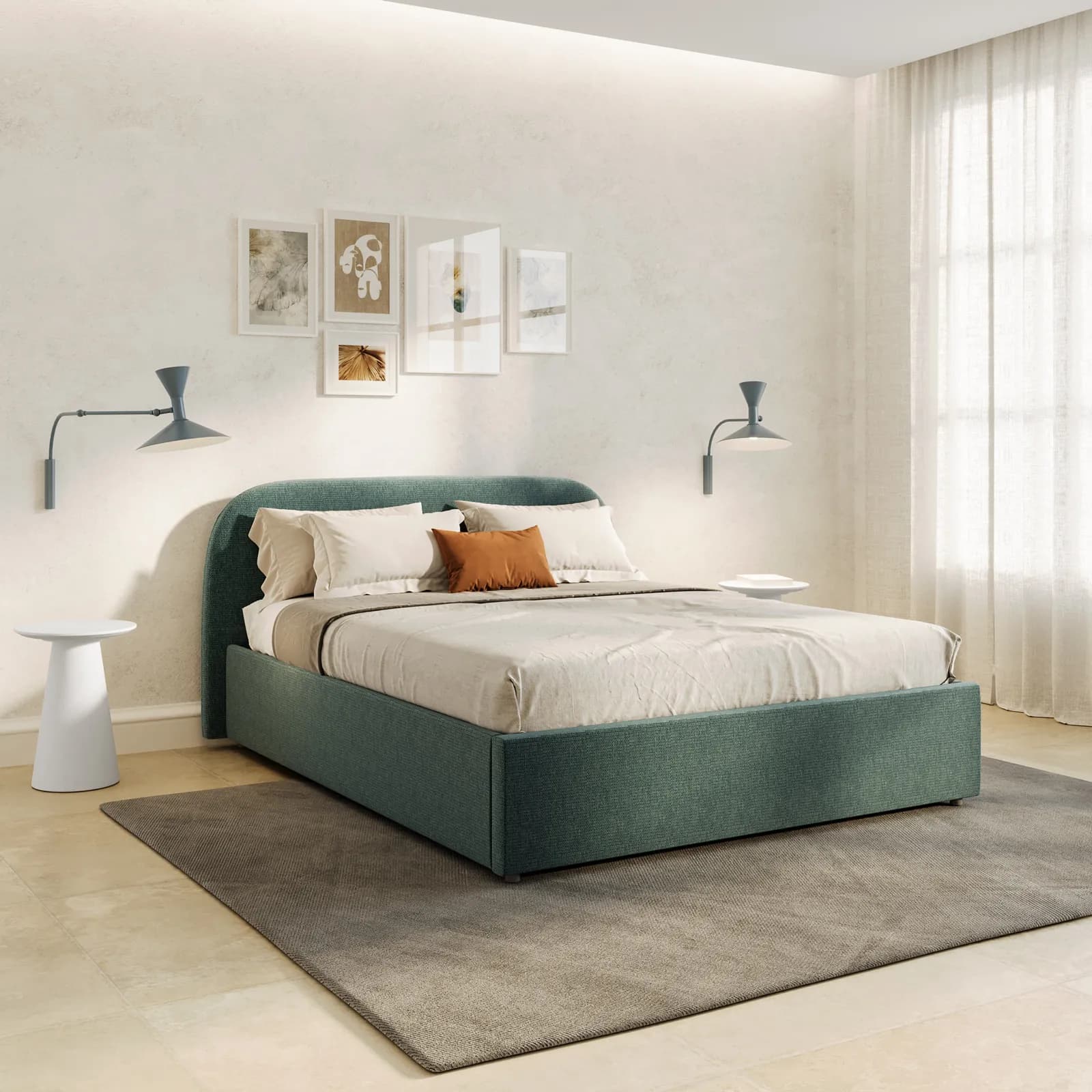 Letto matrimoniale 160x200 cm in tessuto verde salvia con contenitore - Rasmus